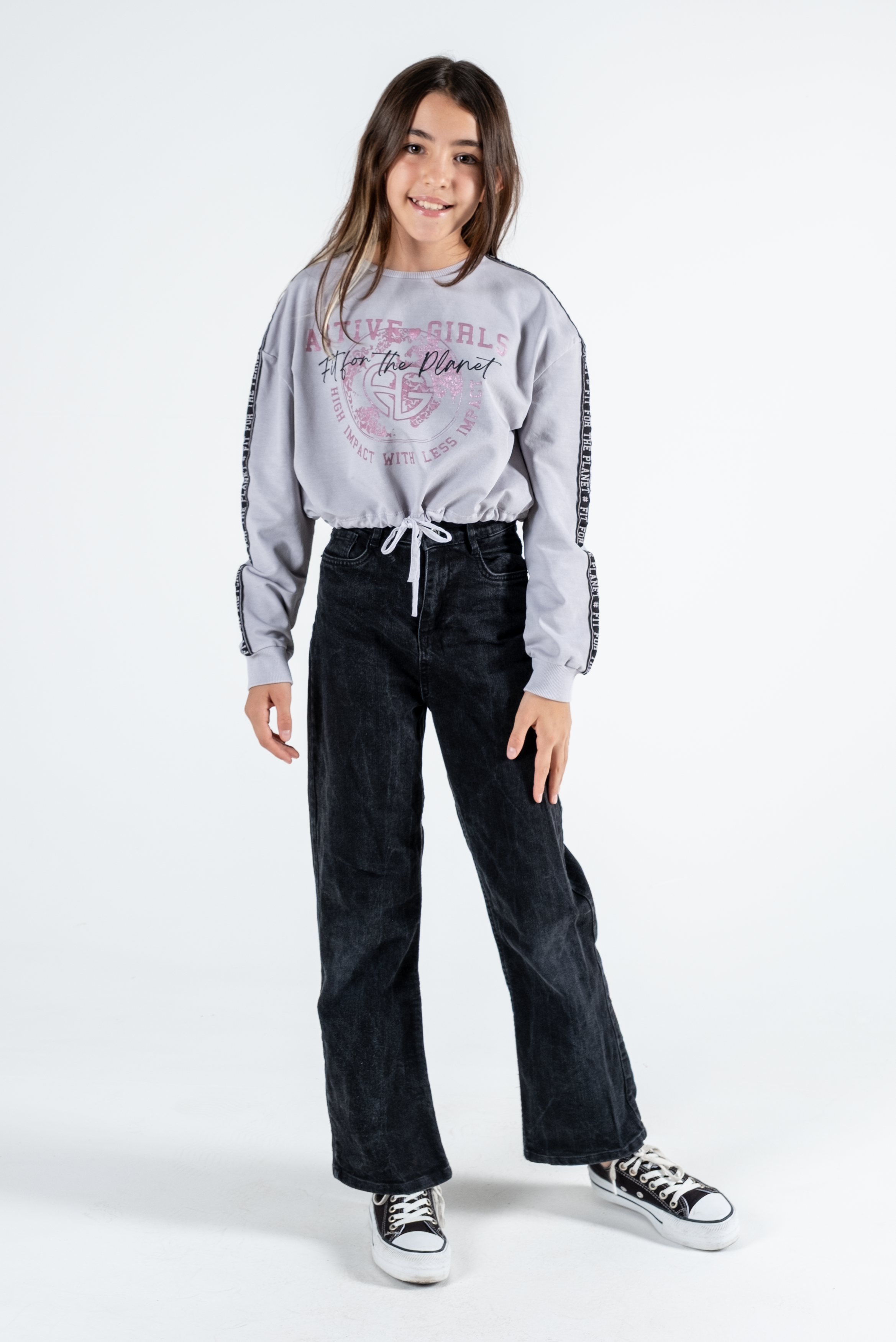 Kız Çocuk Baskılı Beli Büzgülü Uzun Kollu Sweatshirt – 4 Renk Seçeneği