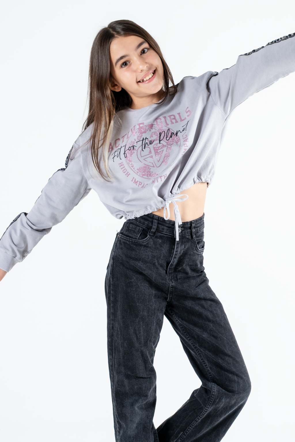 Kız Çocuk Baskılı Beli Büzgülü Uzun Kollu Sweatshirt – 4 Renk Seçeneği