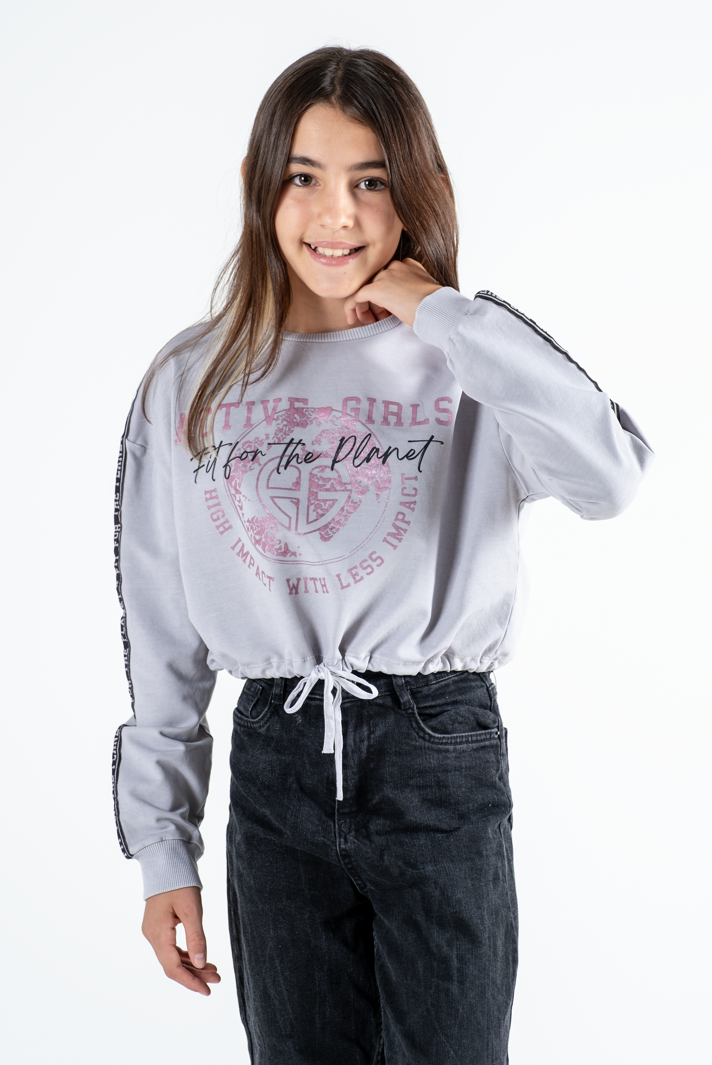 Kız Çocuk Baskılı Beli Büzgülü Uzun Kollu Sweatshirt – 4 Renk Seçeneği