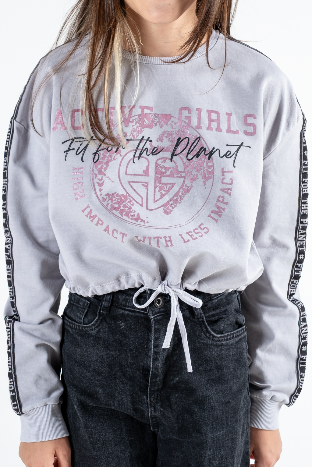 Kız Çocuk Baskılı Beli Büzgülü Uzun Kollu Sweatshirt – 4 Renk Seçeneği