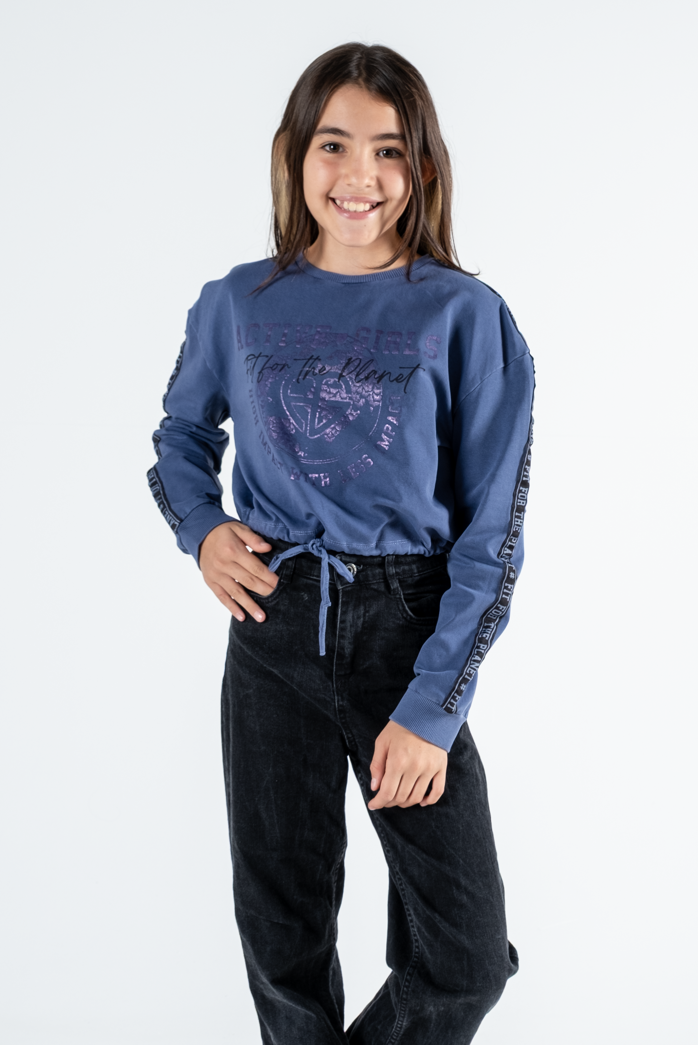 Kız Çocuk Baskılı Beli Büzgülü Uzun Kollu Sweatshirt – 4 Renk Seçeneği