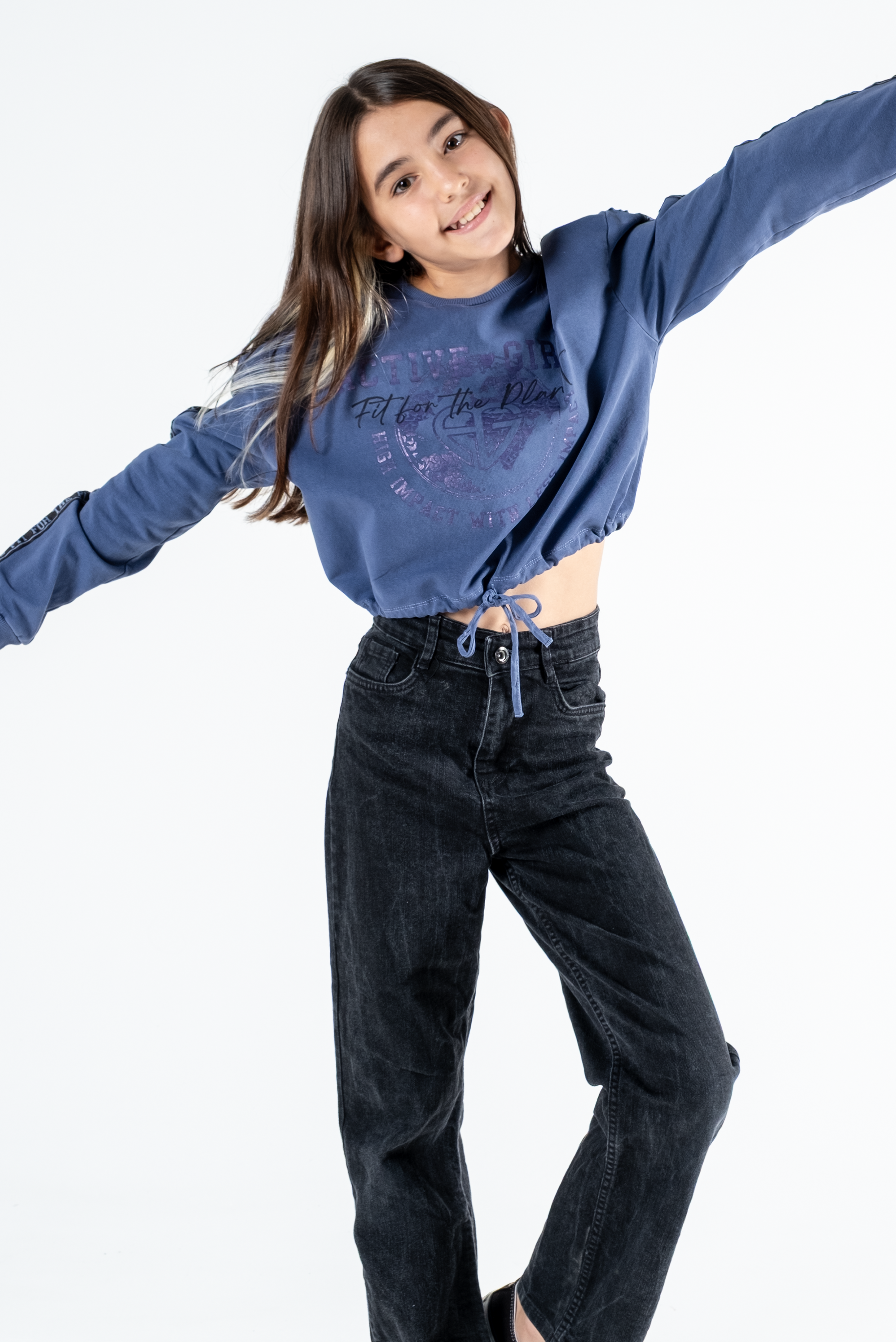 Kız Çocuk Baskılı Beli Büzgülü Uzun Kollu Sweatshirt – 4 Renk Seçeneği