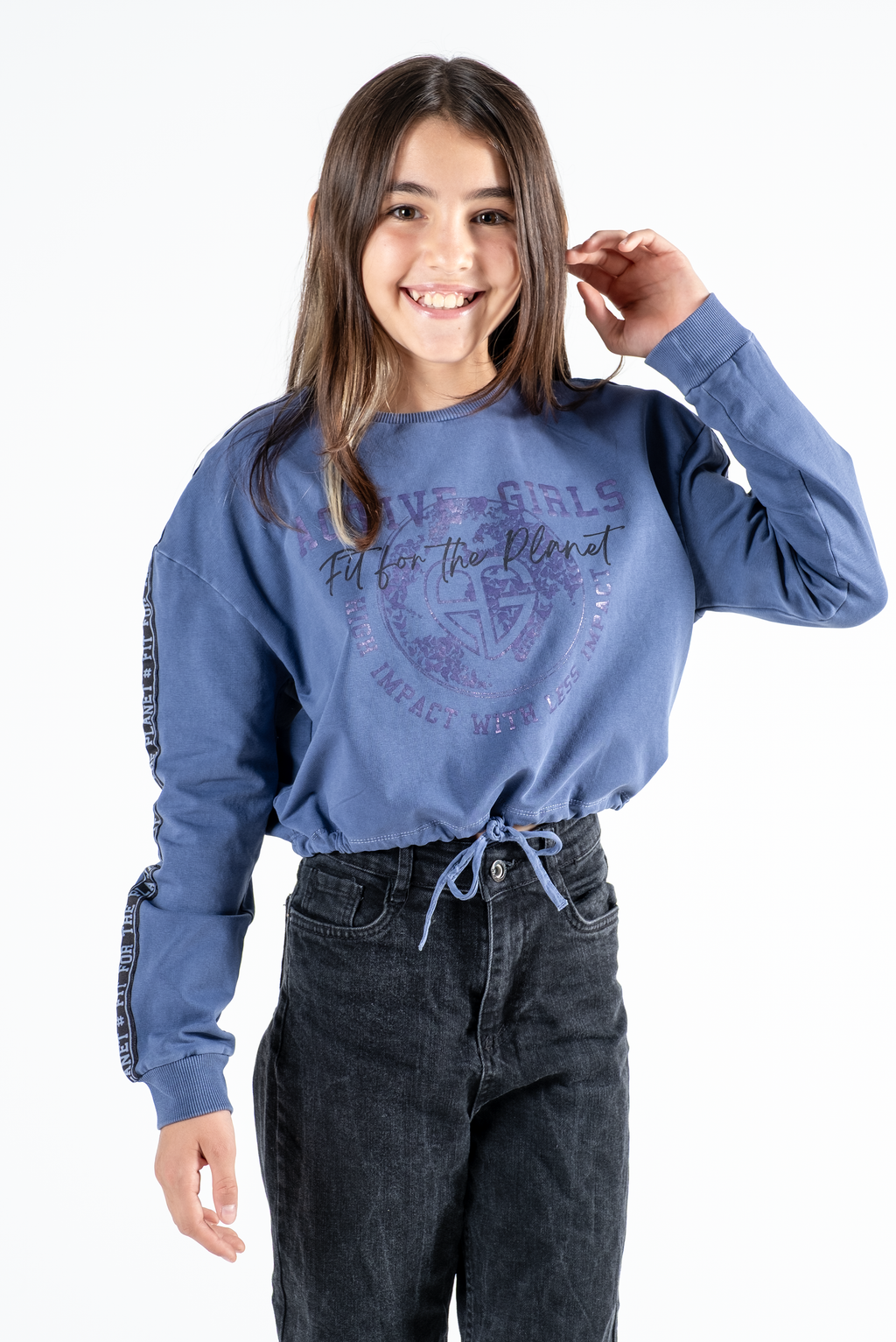 Kız Çocuk Baskılı Beli Büzgülü Uzun Kollu Sweatshirt – 4 Renk Seçeneği