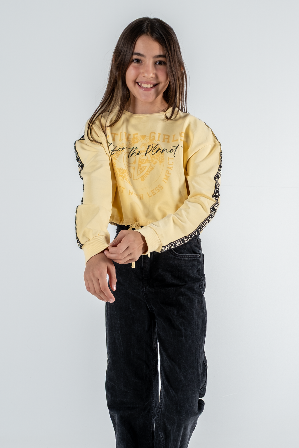 Kız Çocuk Baskılı Beli Büzgülü Uzun Kollu Sweatshirt – 4 Renk Seçeneği