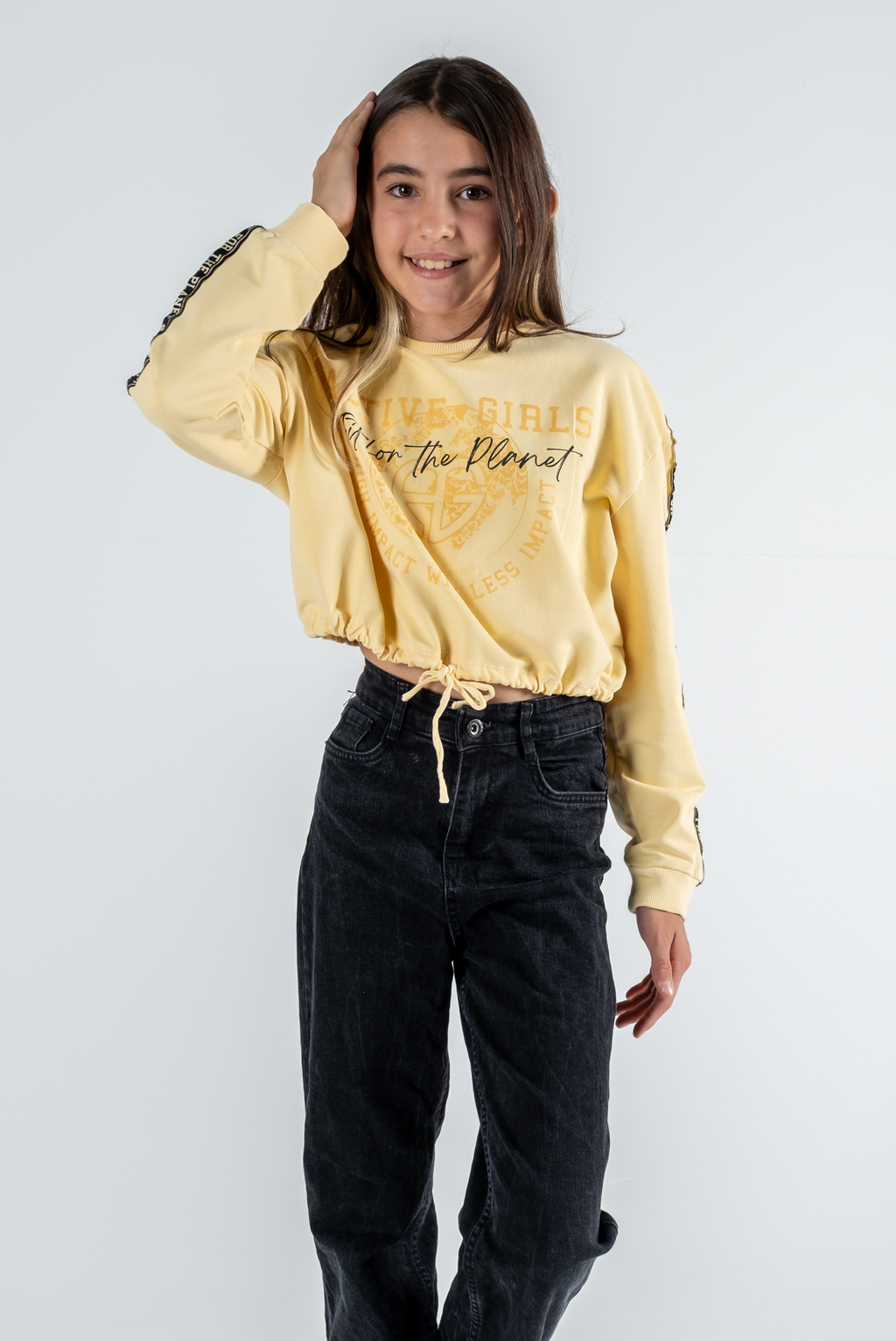 Kız Çocuk Baskılı Beli Büzgülü Uzun Kollu Sweatshirt – 4 Renk Seçeneği