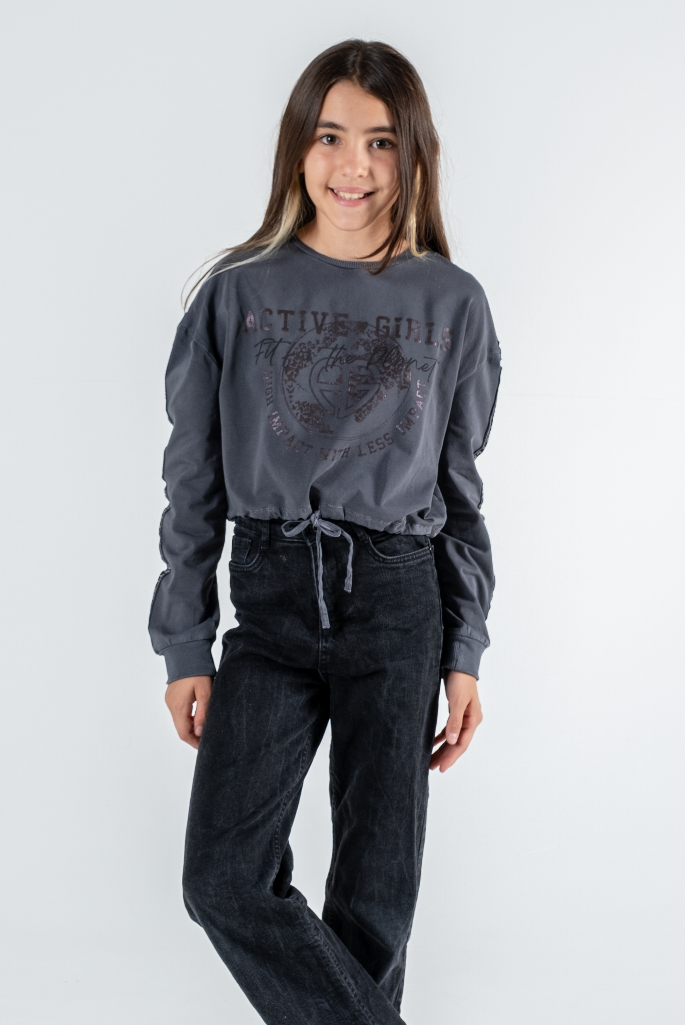 Kız Çocuk Baskılı Beli Büzgülü Uzun Kollu Sweatshirt – 4 Renk Seçeneği