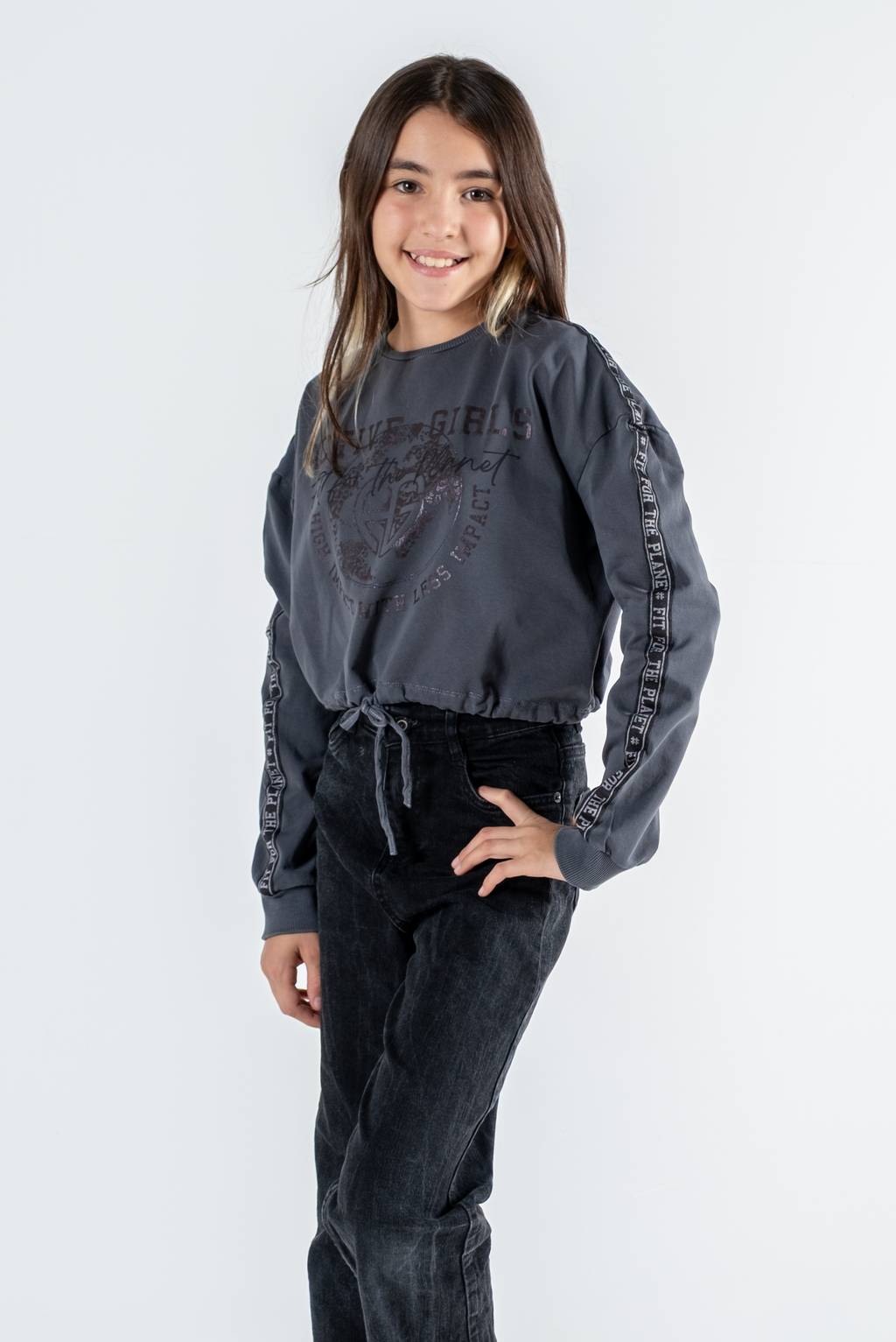 Kız Çocuk Baskılı Beli Büzgülü Uzun Kollu Sweatshirt – 4 Renk Seçeneği