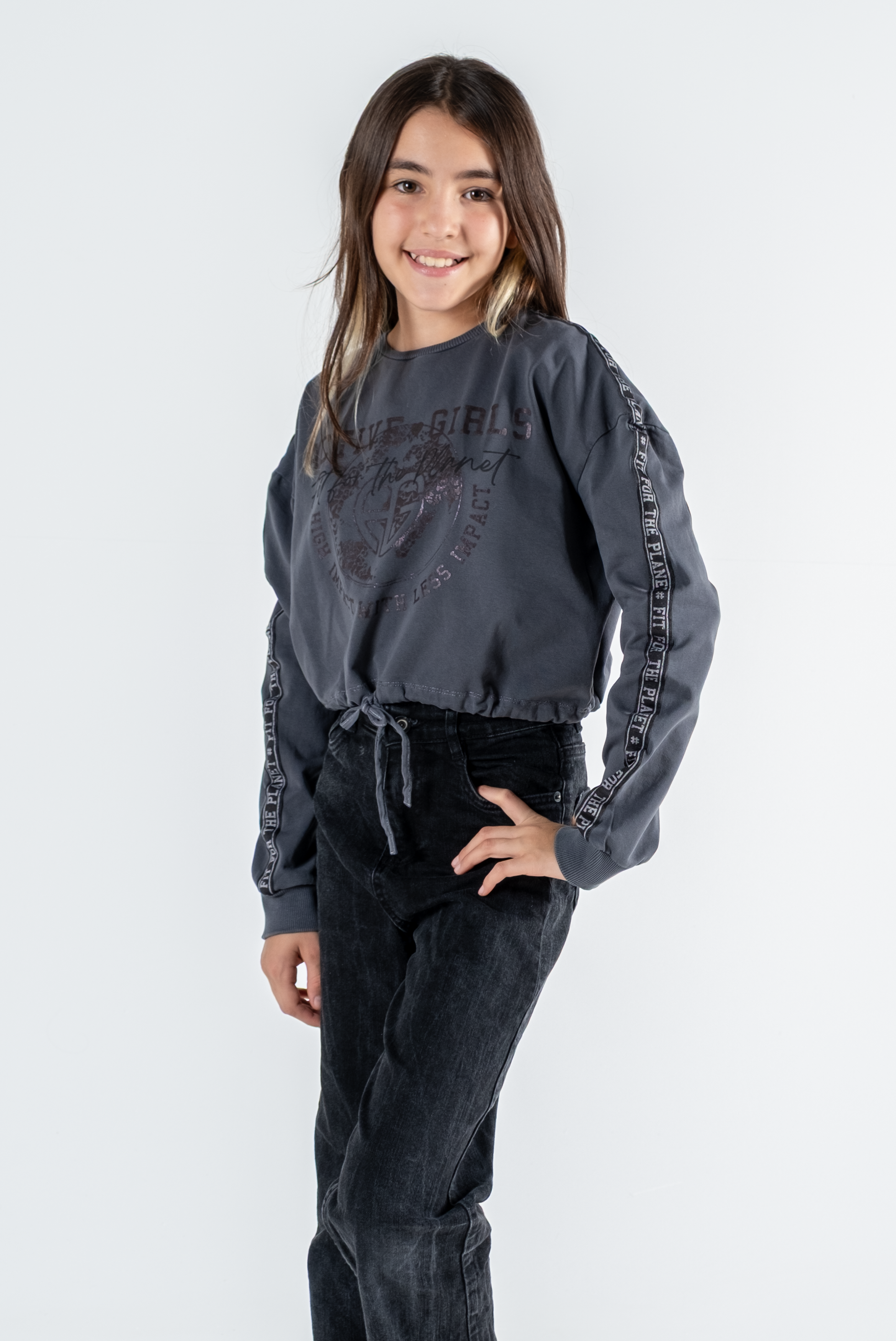 Kız Çocuk Baskılı Beli Büzgülü Uzun Kollu Sweatshirt – 4 Renk Seçeneği