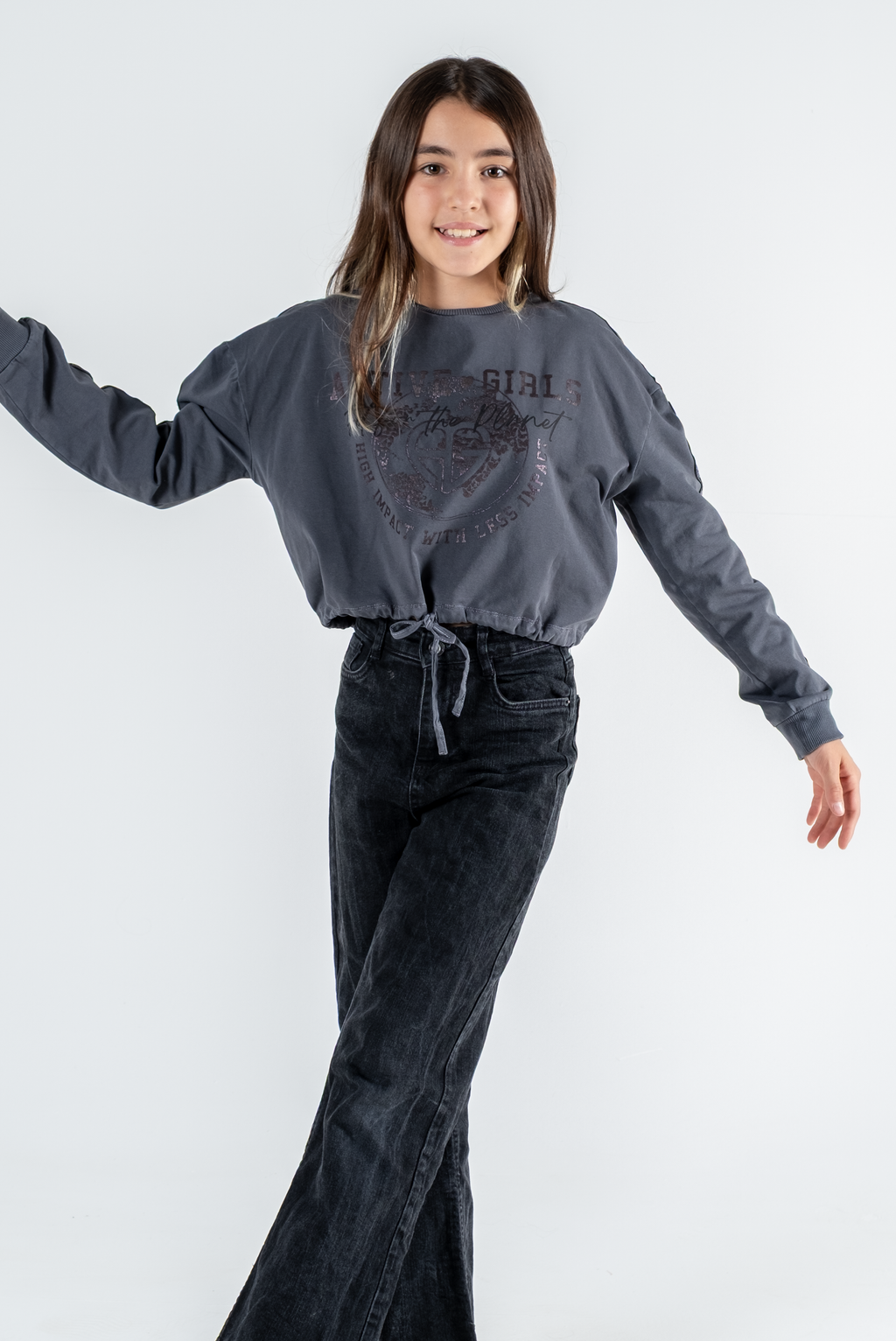 Kız Çocuk Baskılı Beli Büzgülü Uzun Kollu Sweatshirt – 4 Renk Seçeneği