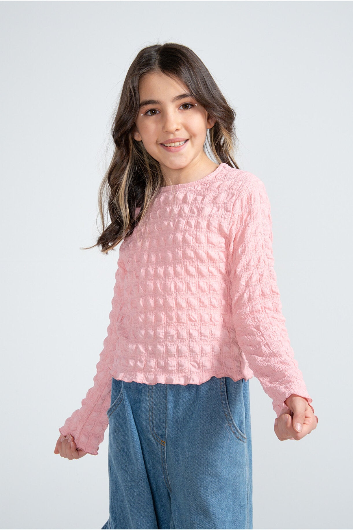 Kız Çocuk Doku Desenli Uzun Kollu Bluz – 3 Renk Seçeneği
