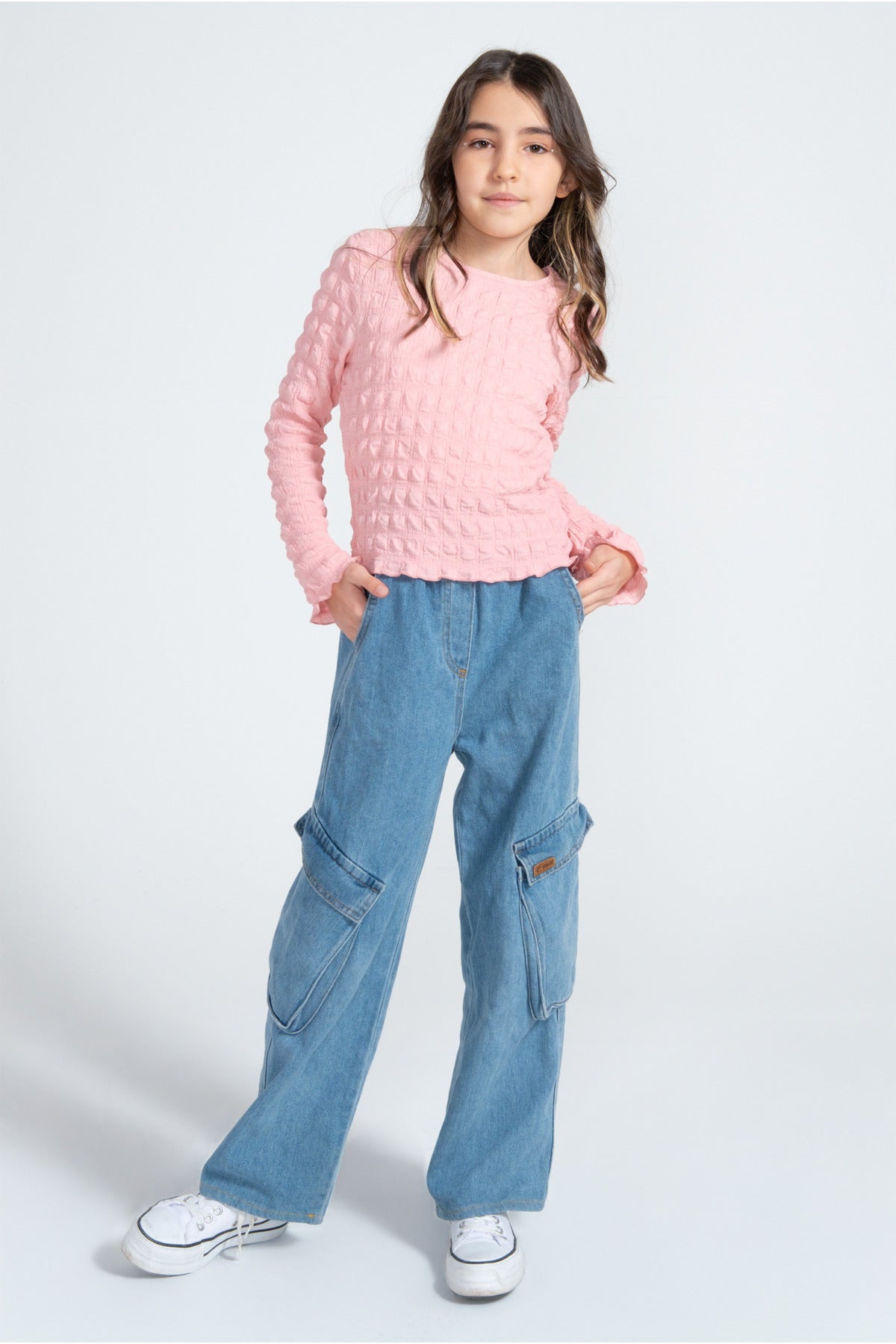 Kız Çocuk Doku Desenli Uzun Kollu Bluz – 3 Renk Seçeneği