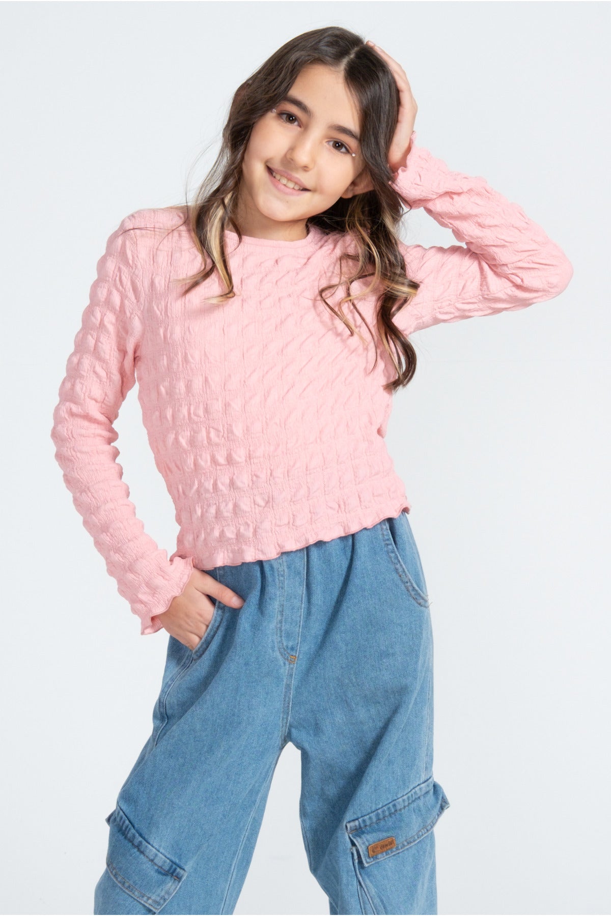 Kız Çocuk Doku Desenli Uzun Kollu Bluz – 3 Renk Seçeneği