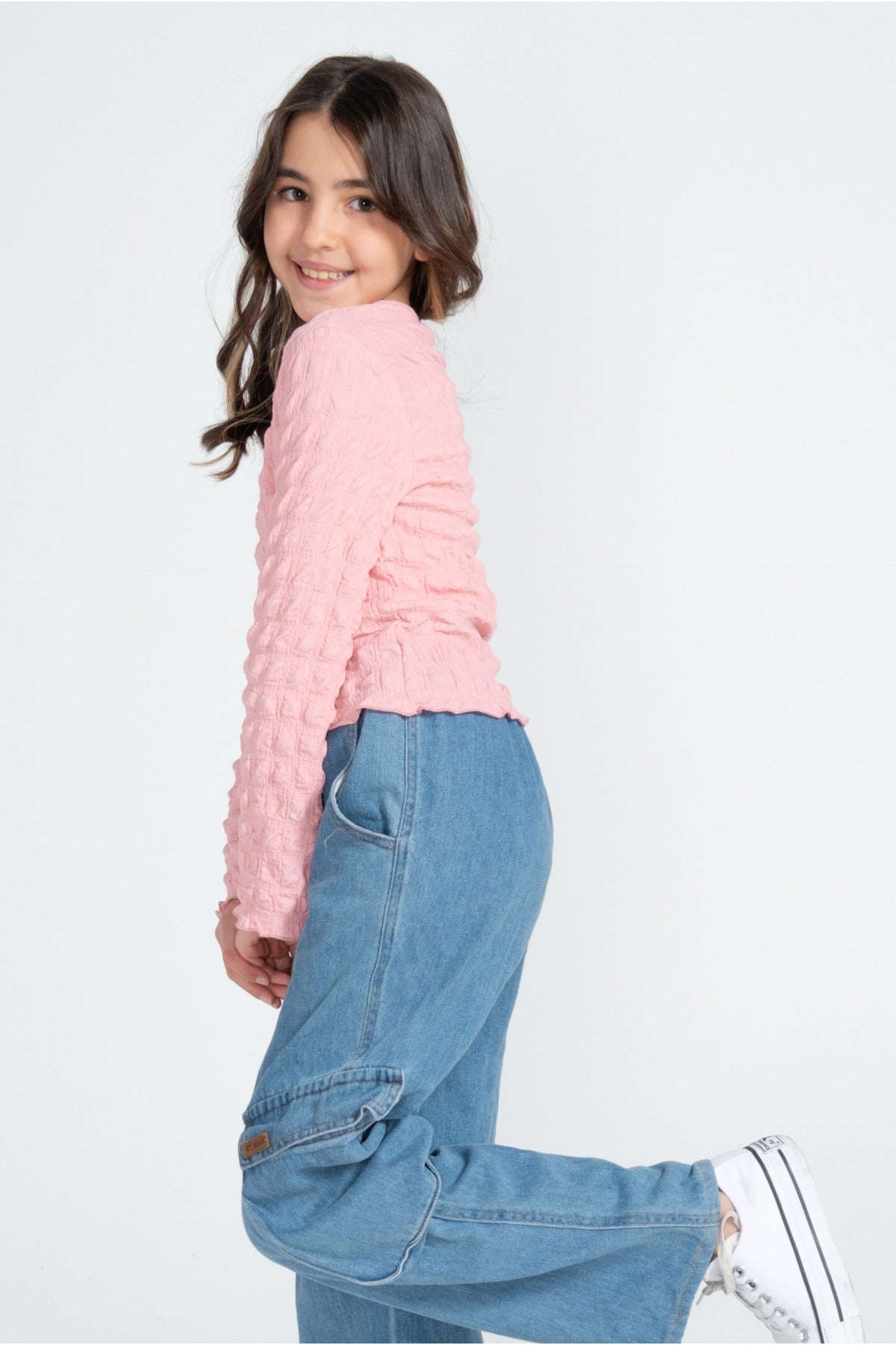 Kız Çocuk Doku Desenli Uzun Kollu Bluz – 3 Renk Seçeneği