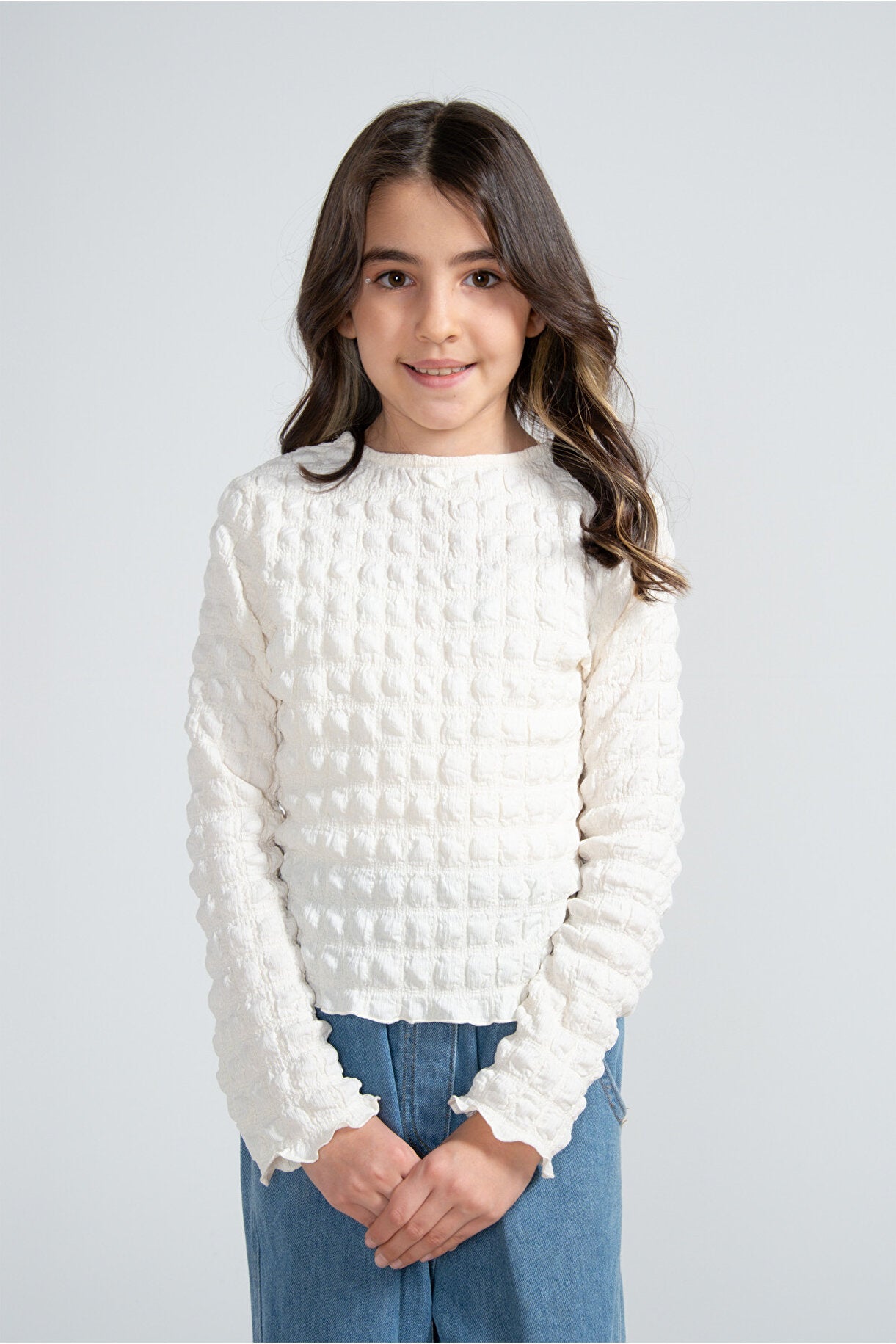 Kız Çocuk Doku Desenli Uzun Kollu Bluz – 3 Renk Seçeneği