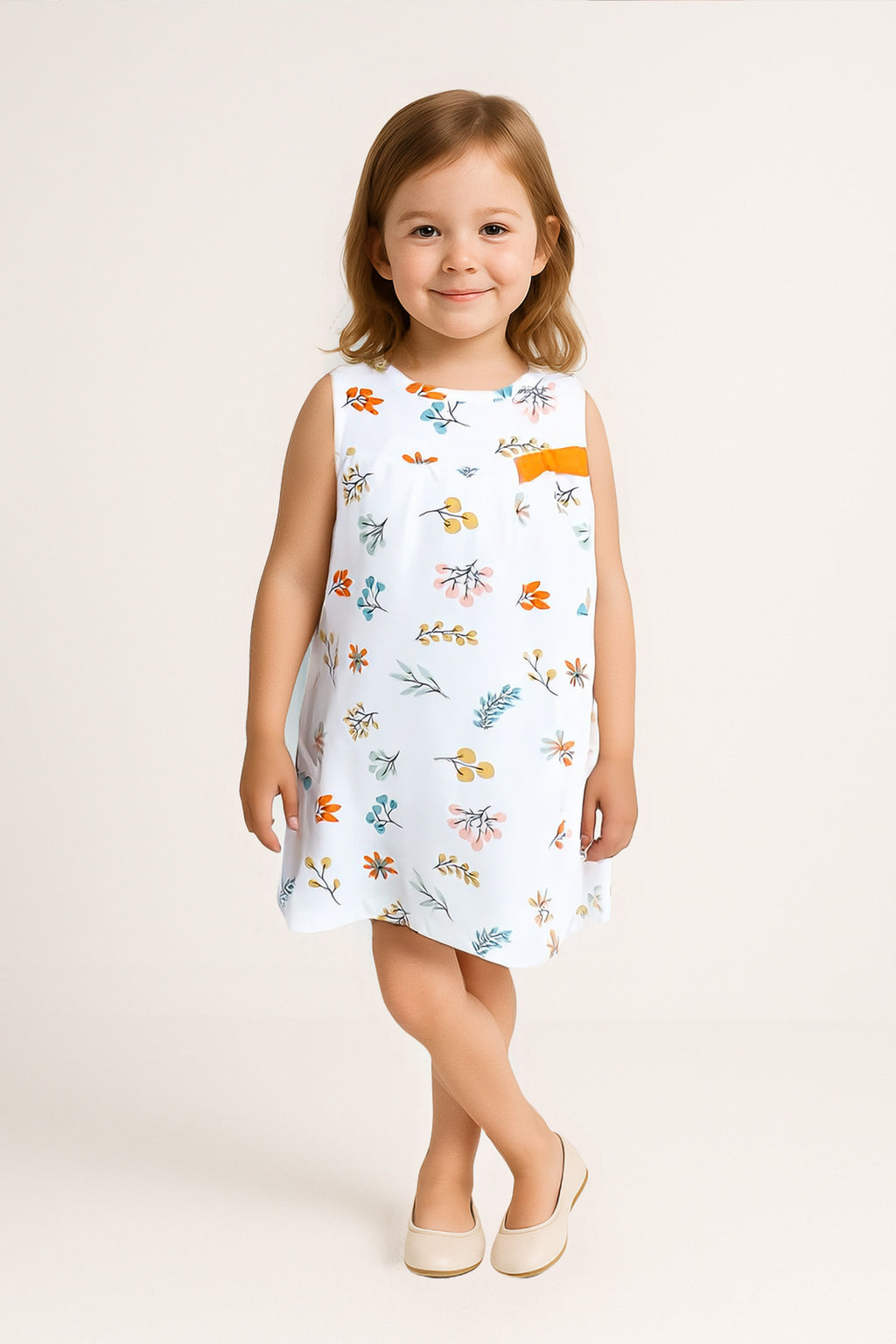 Kız Çocuk Çiçek Desenli Kolsuz Yazlık Elbise - Beyaz, Renkli Çiçek Detaylı, Günlük Ve Rahat Tasarım
