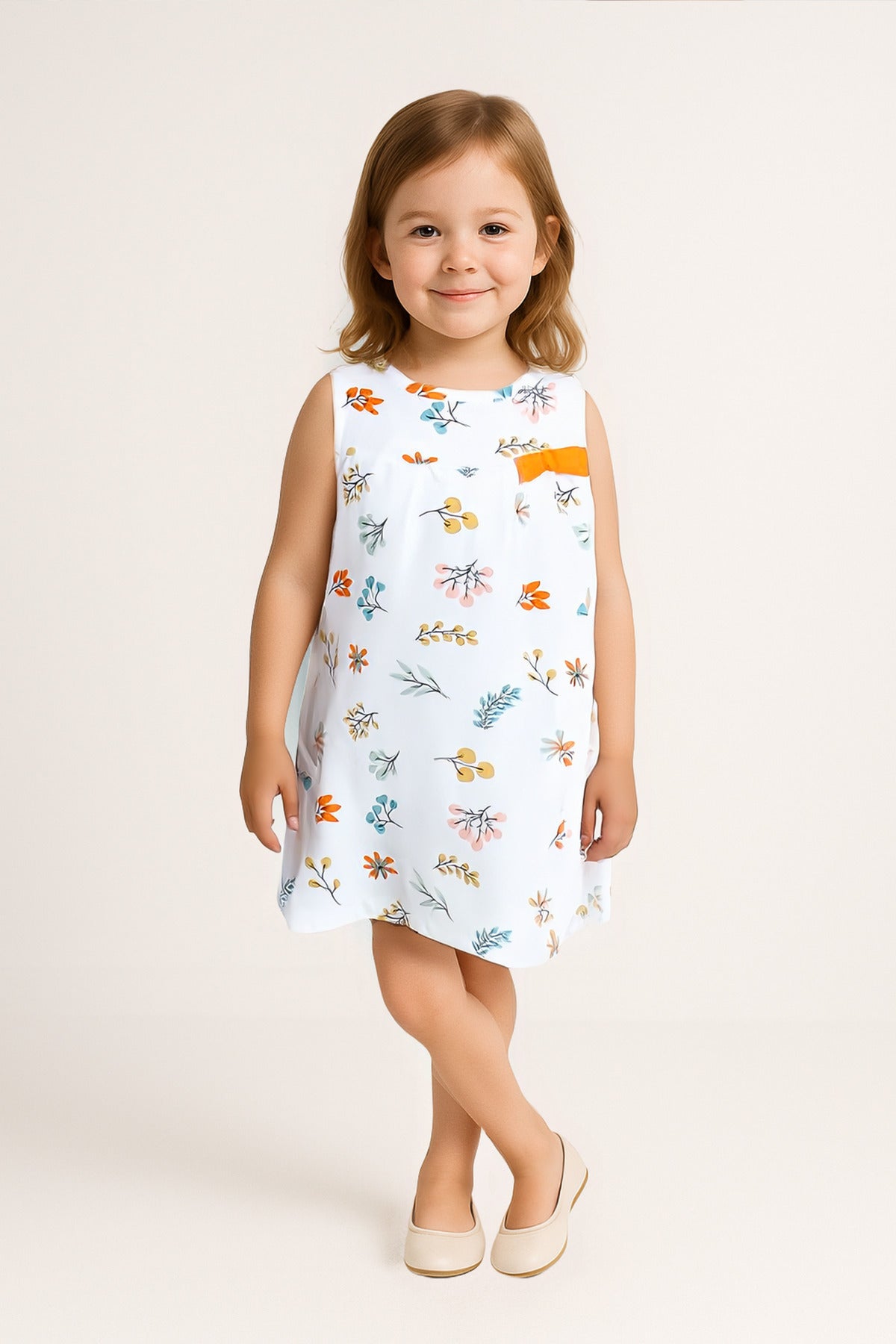 Kız Çocuk Çiçek Desenli Kolsuz Yazlık Elbise - Beyaz, Renkli Çiçek Detaylı, Günlük Ve Rahat Tasarım