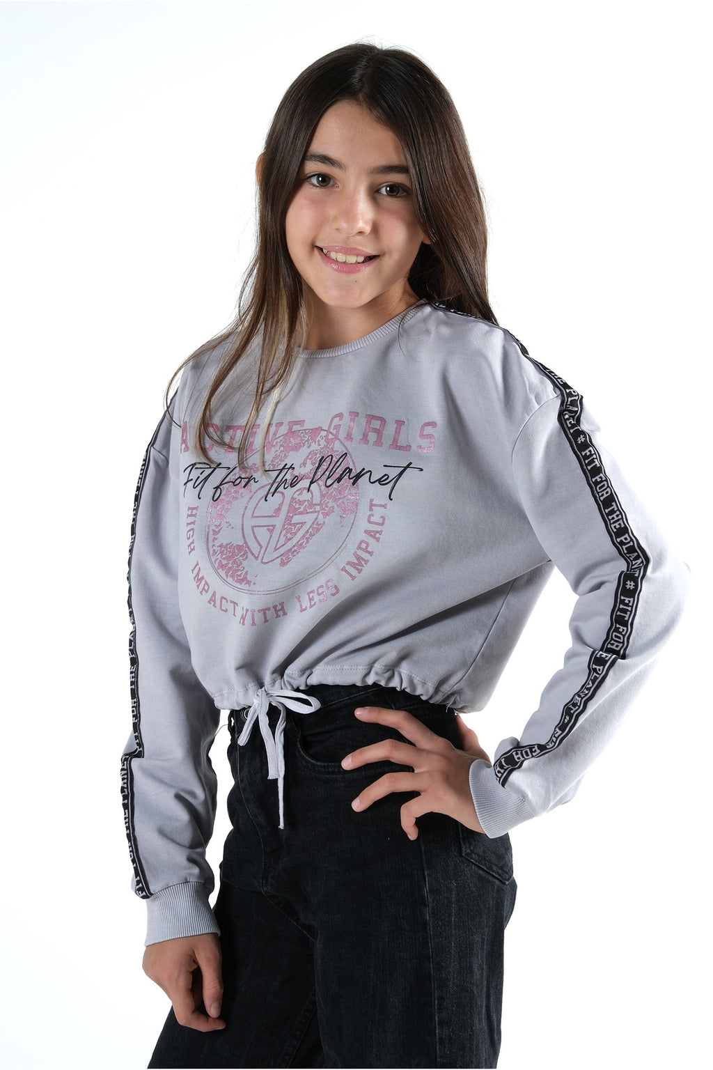 Kız Çocuk Baskılı Beli Büzgülü Uzun Kollu Sweatshirt – 4 Renk Seçeneği