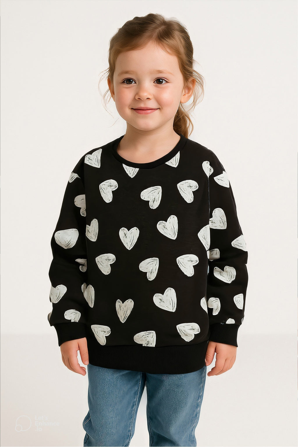 Kız Çocuk %100 Pamuk Kalp Baskılı Sweatshirt – Lila & Koyu Gri