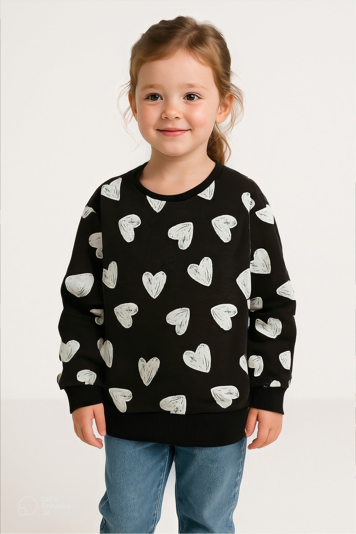 Kız Çocuk %100 Pamuk Kalp Baskılı Sweatshirt – Lila & Koyu Gri