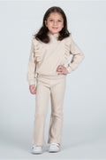 Kız Çocuk Fırfır Detaylı Kapüşonlu Triko Eşofman Takımı - Bej