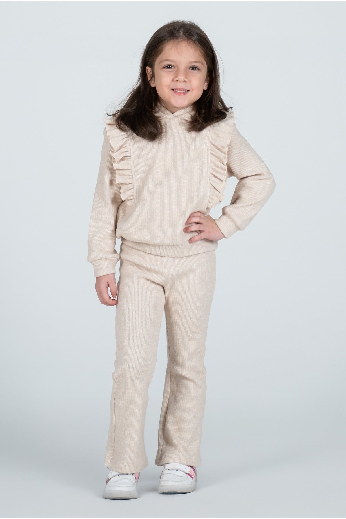 Kız Çocuk Fırfır Detaylı Kapüşonlu Triko Eşofman Takımı - Bej