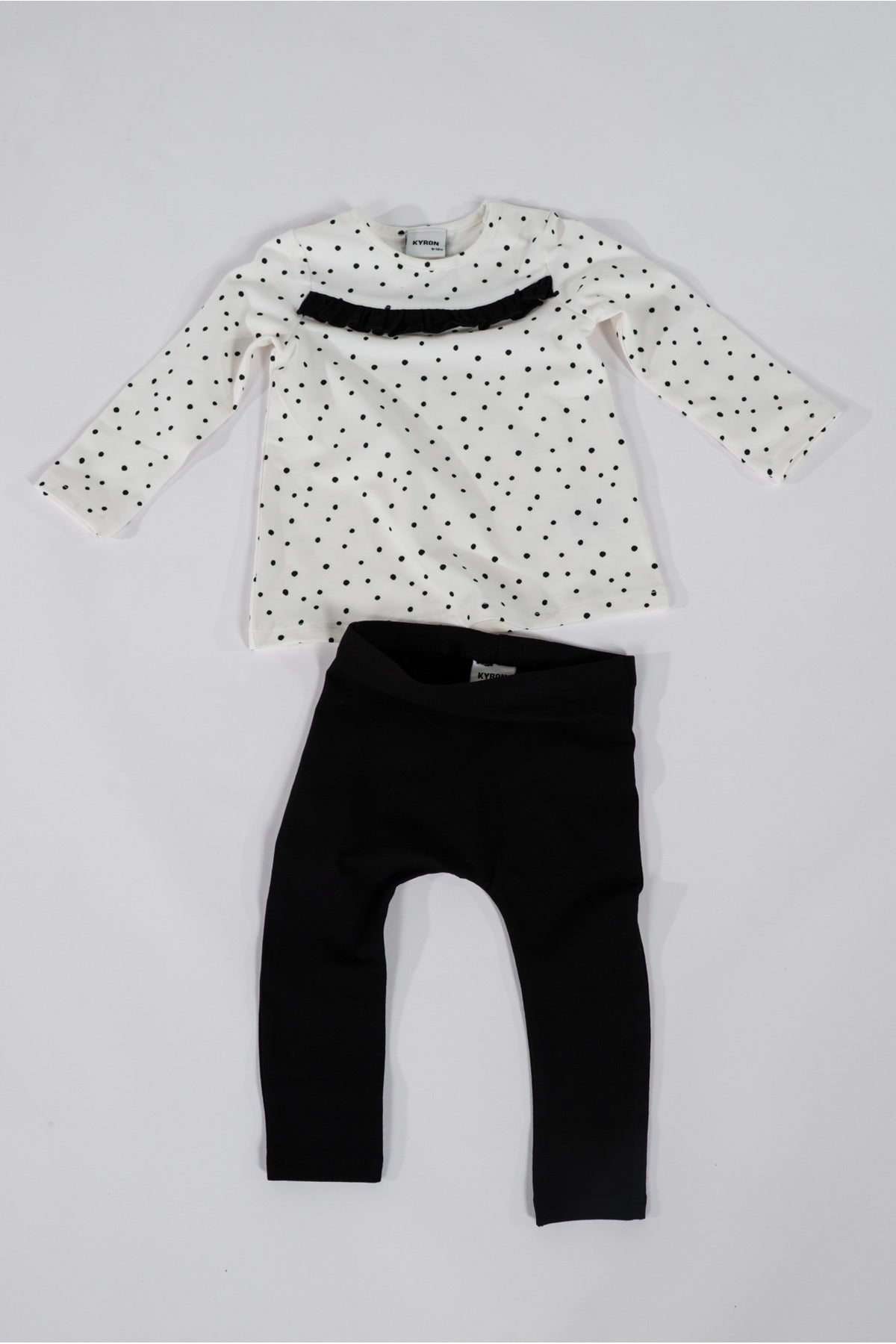 Kız Bebek Puantiyeli Alt Üst Takım / T-Shirt Ve Tayt / Pamuklu Kumaş / Yeni Trend / Siyah - Beyaz - Siyah - Beyaz