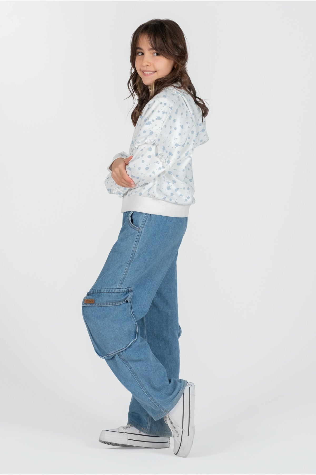 Kız Çocuk Fırfırlı Puantiyeli Kapüşonlu Pamuklu Ceket Beyaz Mavi Desenli - Beyaz - Mavi