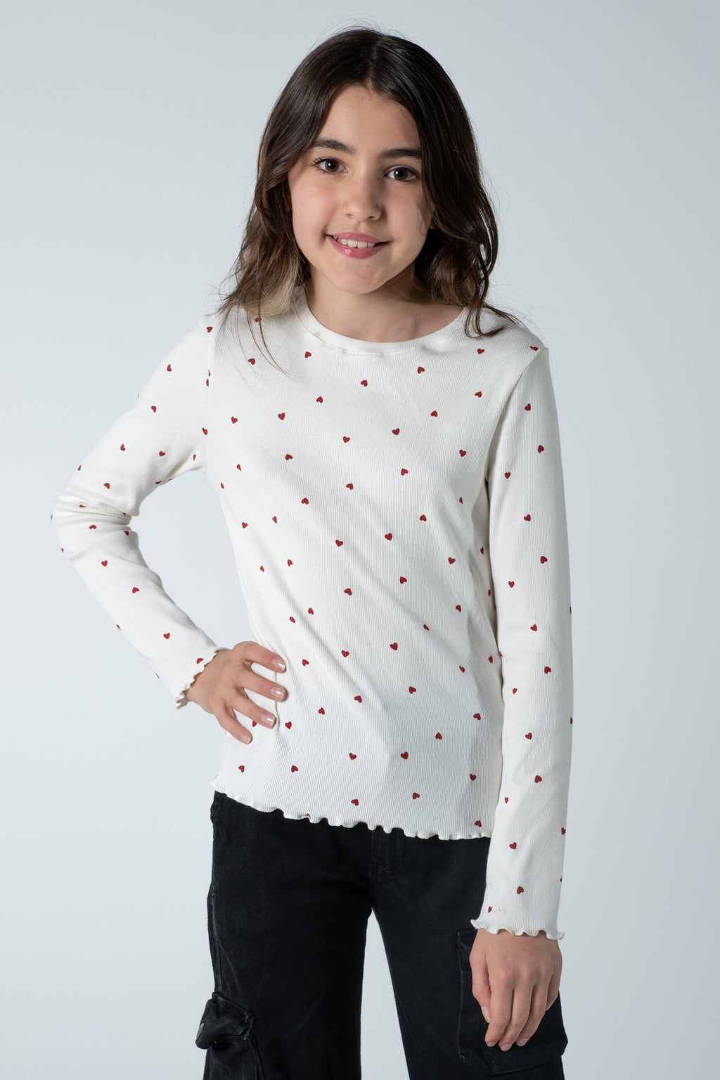 Kız Çocuk Uzun Kollu Fitilli Bluz / Rahat Ve Şık Tasarım / Farklı Renk Seçenekleriyle - Beyaz - Kırmızı Kalp Baskılı