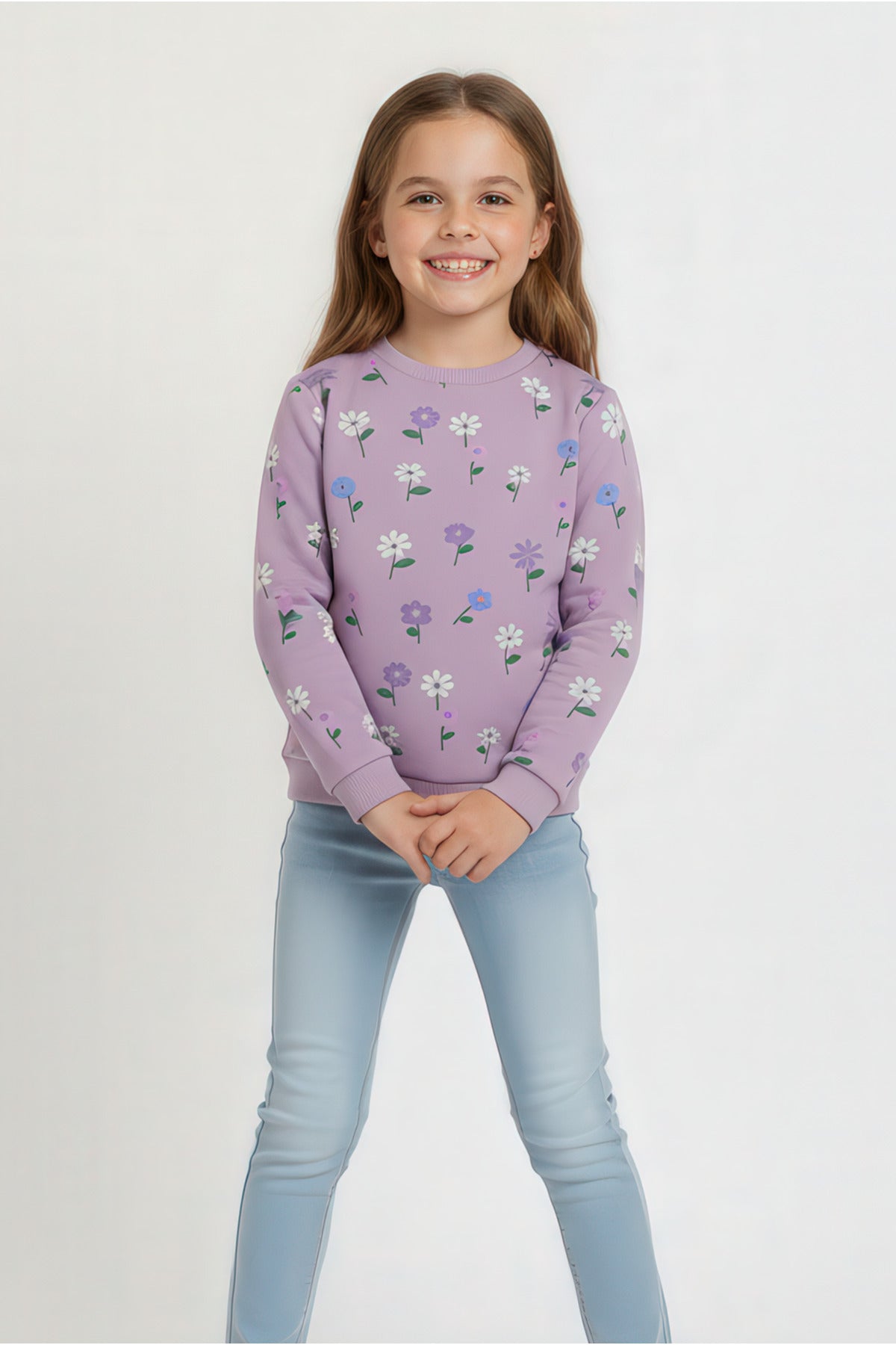 Kız Çocuk %100 Pamuk Kalp Baskılı Sweatshirt – Lila & Koyu Gri