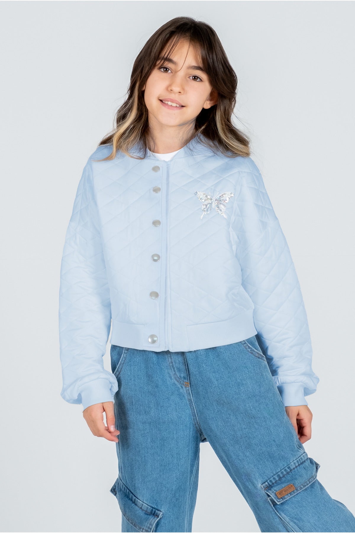 Çocuk Kapitone Ceket - 3 Renk Seçeneği (beyaz, Pembe, Mavi) - Kelebek Detaylı Fermuarlı Ve Düğmeli