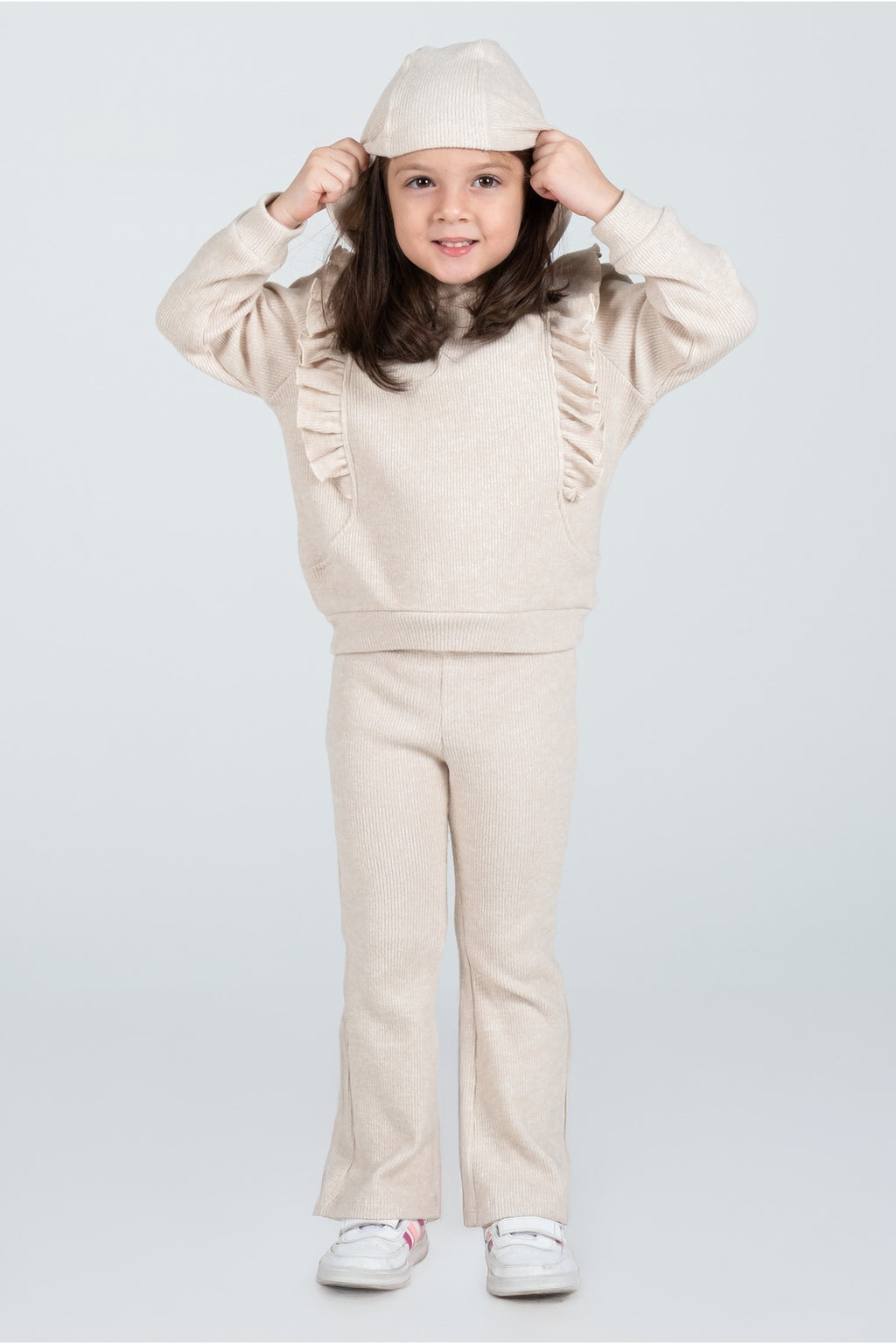 Kız Çocuk Fırfır Detaylı Kapüşonlu Triko Eşofman Takımı - Bej