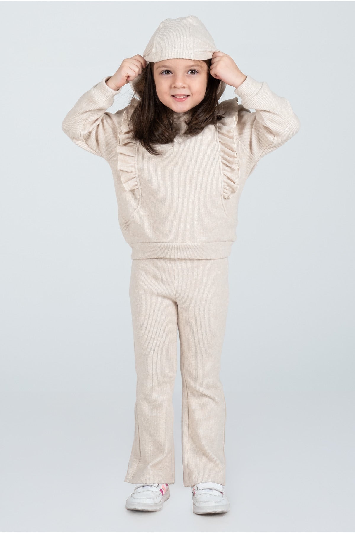Kız Çocuk Fırfır Detaylı Kapüşonlu Triko Eşofman Takımı - Bej