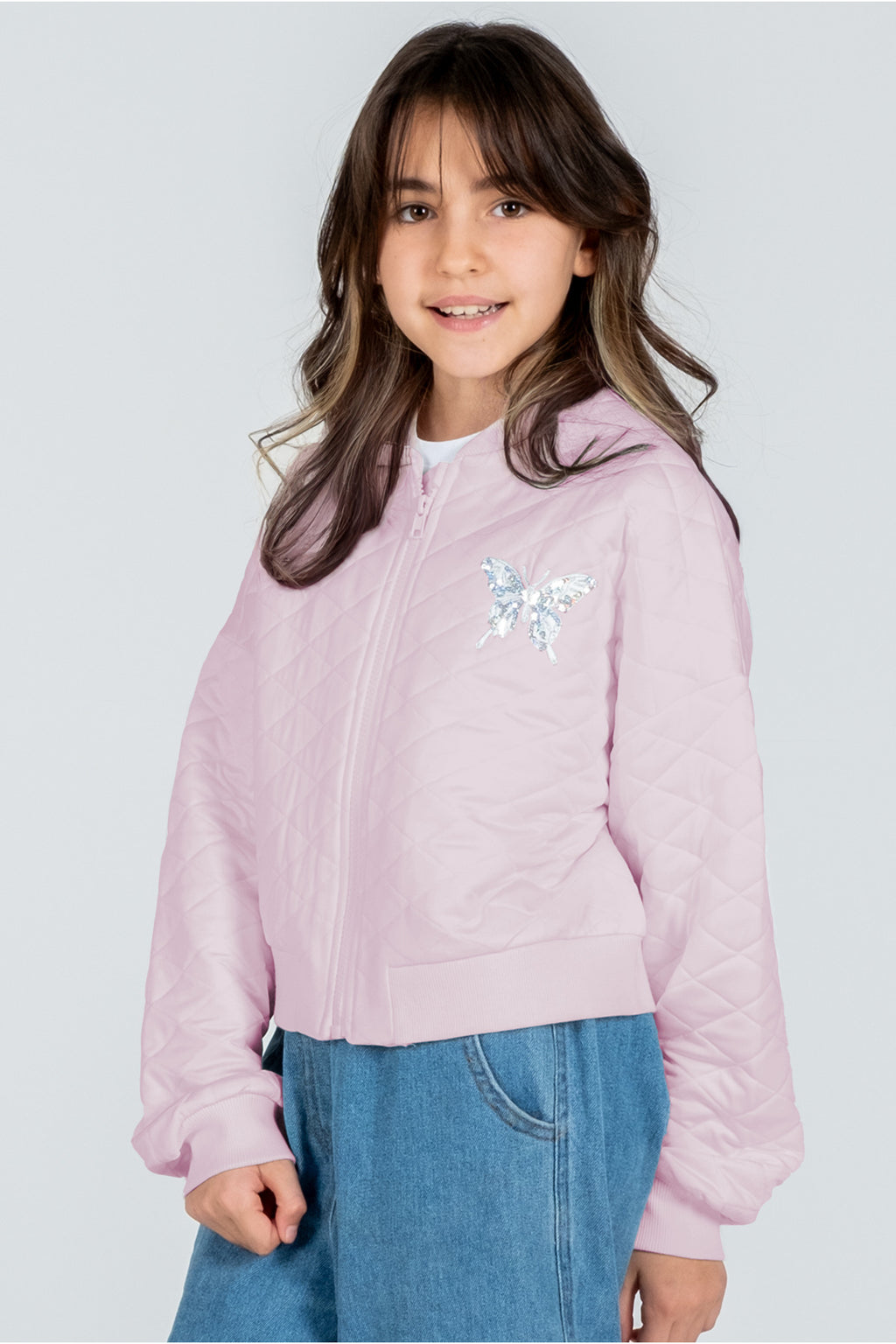 Çocuk Kapitone Ceket - 3 Renk Seçeneği (beyaz, Pembe, Mavi) - Kelebek Detaylı Fermuarlı Ve Düğmeli