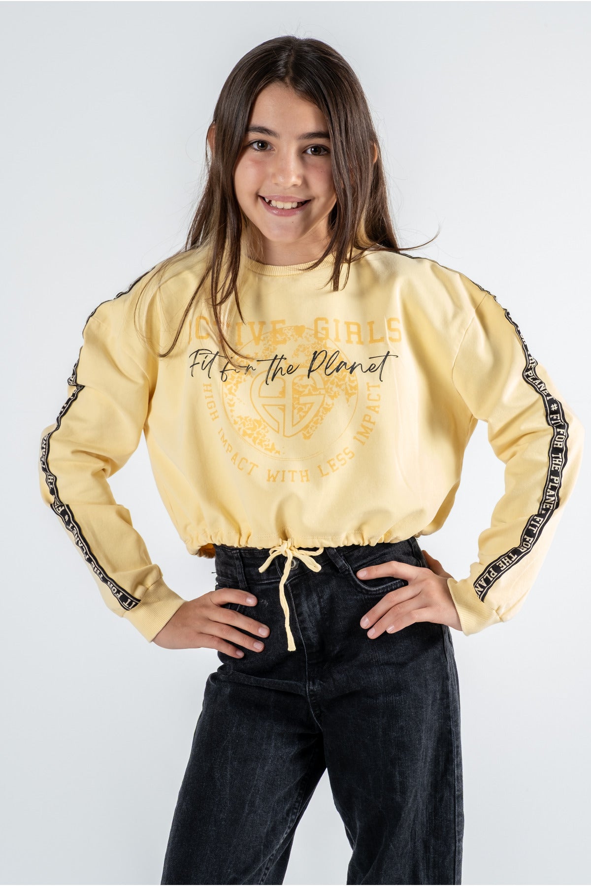 Kız Çocuk Baskılı Beli Büzgülü Uzun Kollu Sweatshirt – 4 Renk Seçeneği