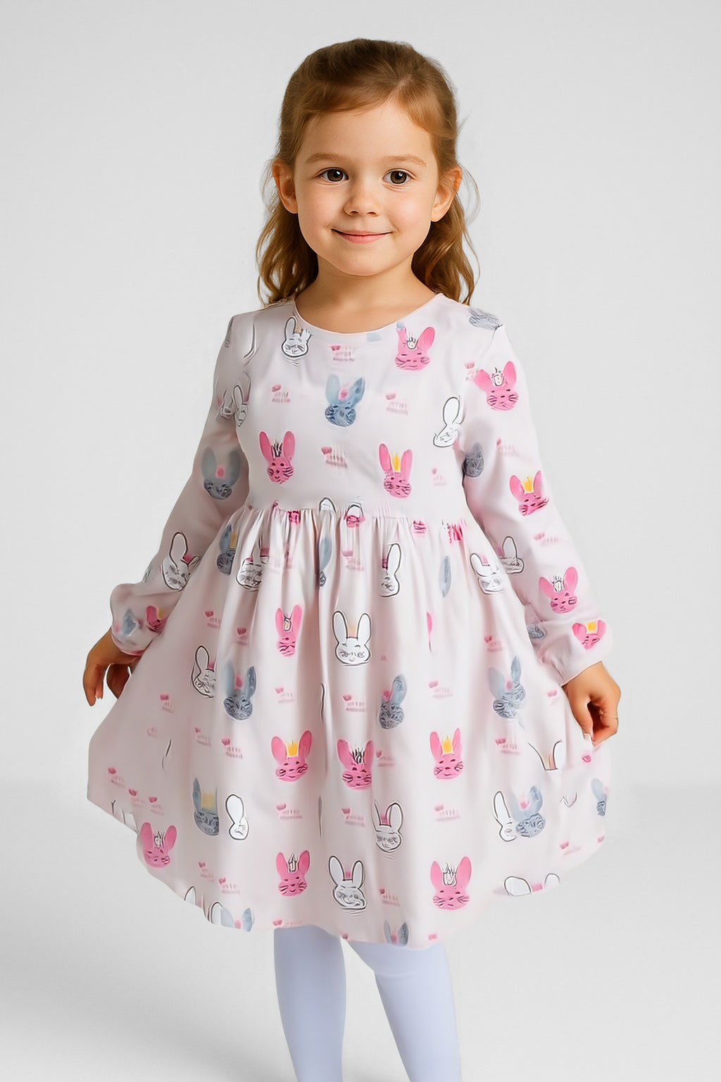 Kız Bebek Tavşan Desenli Elbise - Pembe - %100 Pamuk