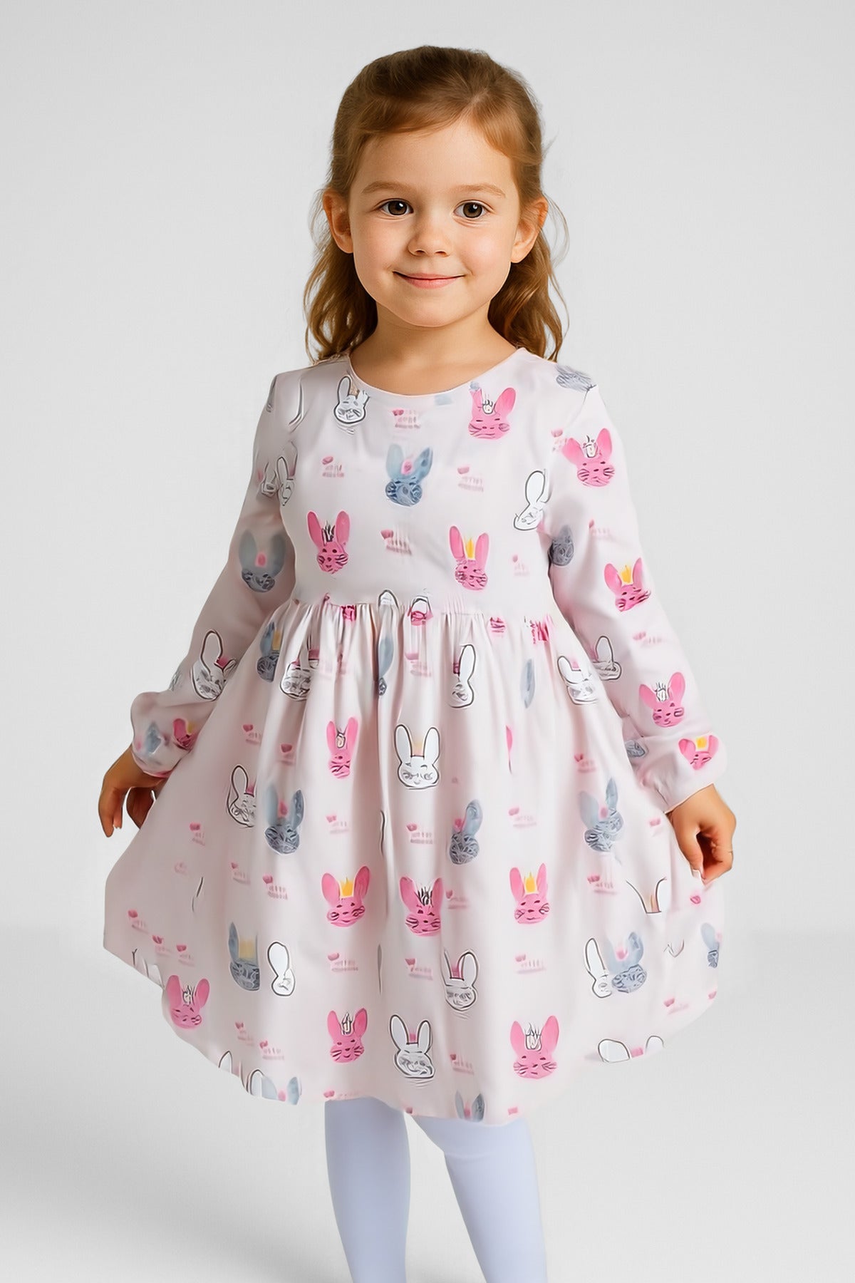 Kız Bebek Tavşan Desenli Elbise - Pembe - %100 Pamuk