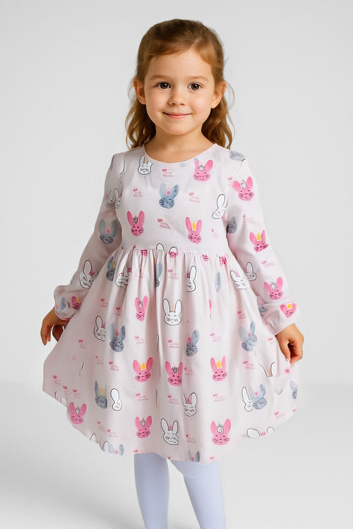 Kız Bebek Tavşan Desenli Elbise - Pembe - %100 Pamuk