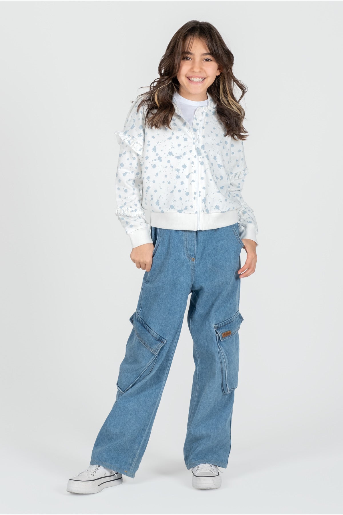 Kız Çocuk Fırfırlı Puantiyeli Kapüşonlu Pamuklu Ceket Beyaz Mavi Desenli - Beyaz - Mavi