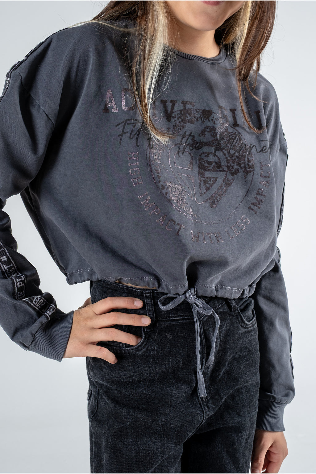 Kız Çocuk Baskılı Beli Büzgülü Uzun Kollu Sweatshirt – 4 Renk Seçeneği