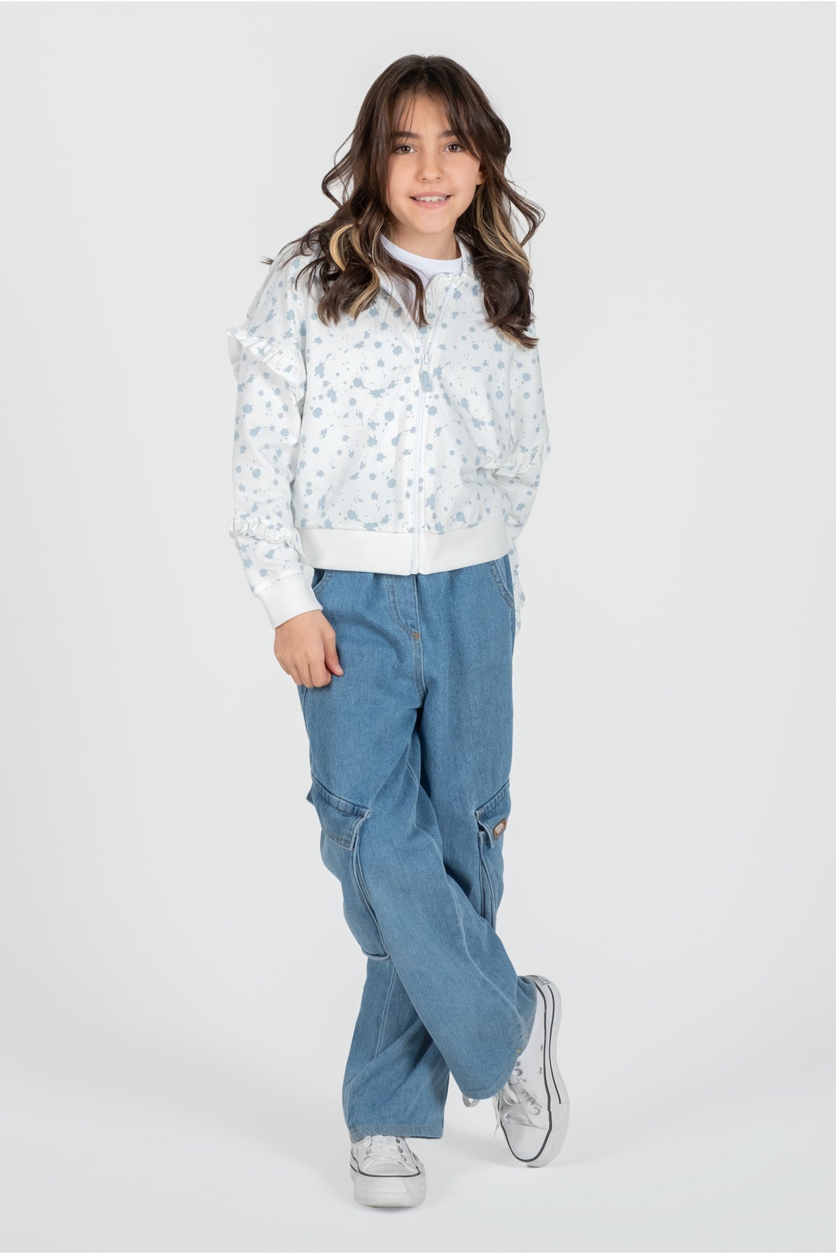 Kız Çocuk Fırfırlı Puantiyeli Kapüşonlu Pamuklu Ceket Beyaz Mavi Desenli - Beyaz - Mavi