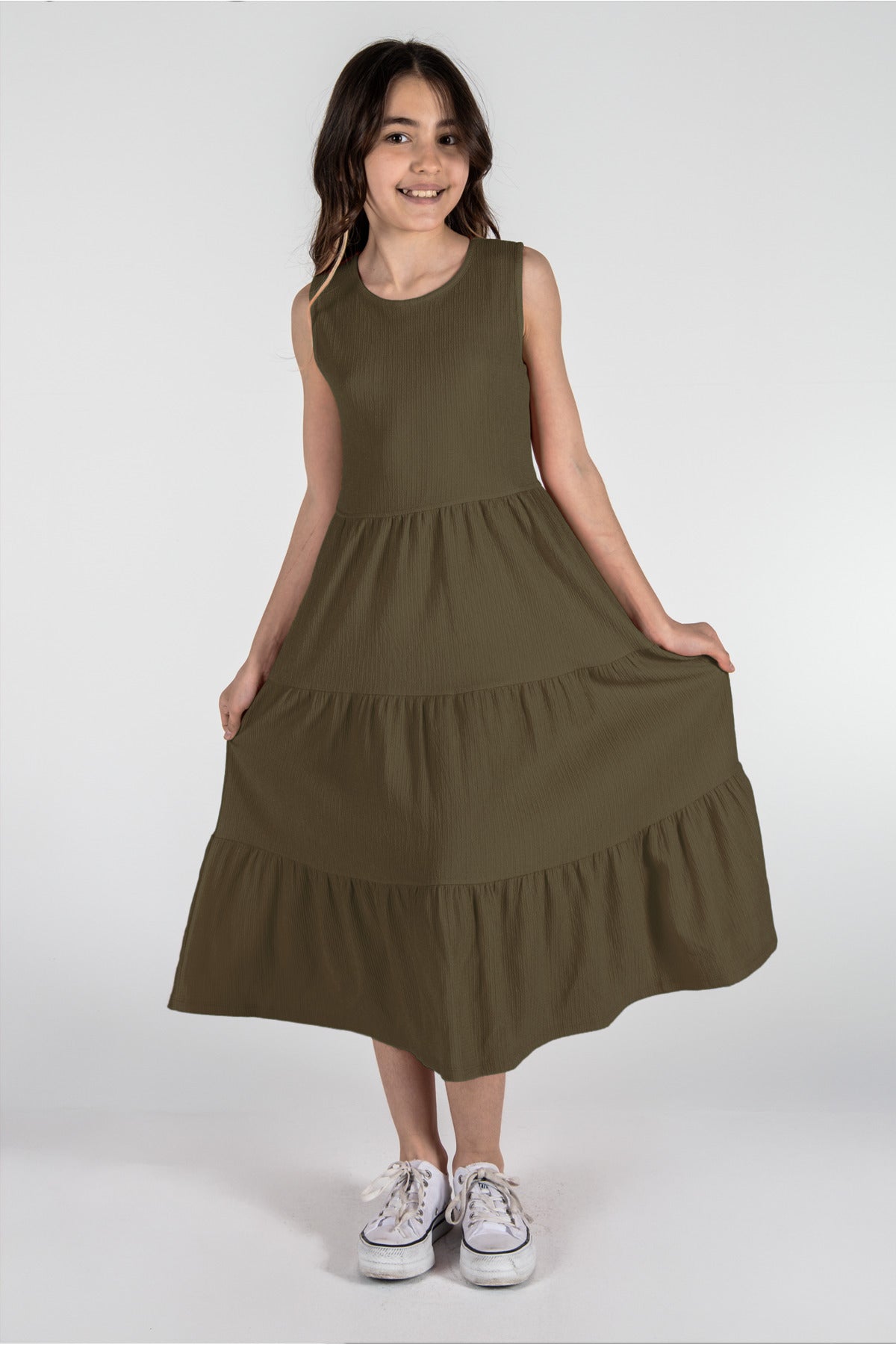 Kız Çocuk Bürümcük Elbise / Farklı Renk Seçenekleriyle - Haki02