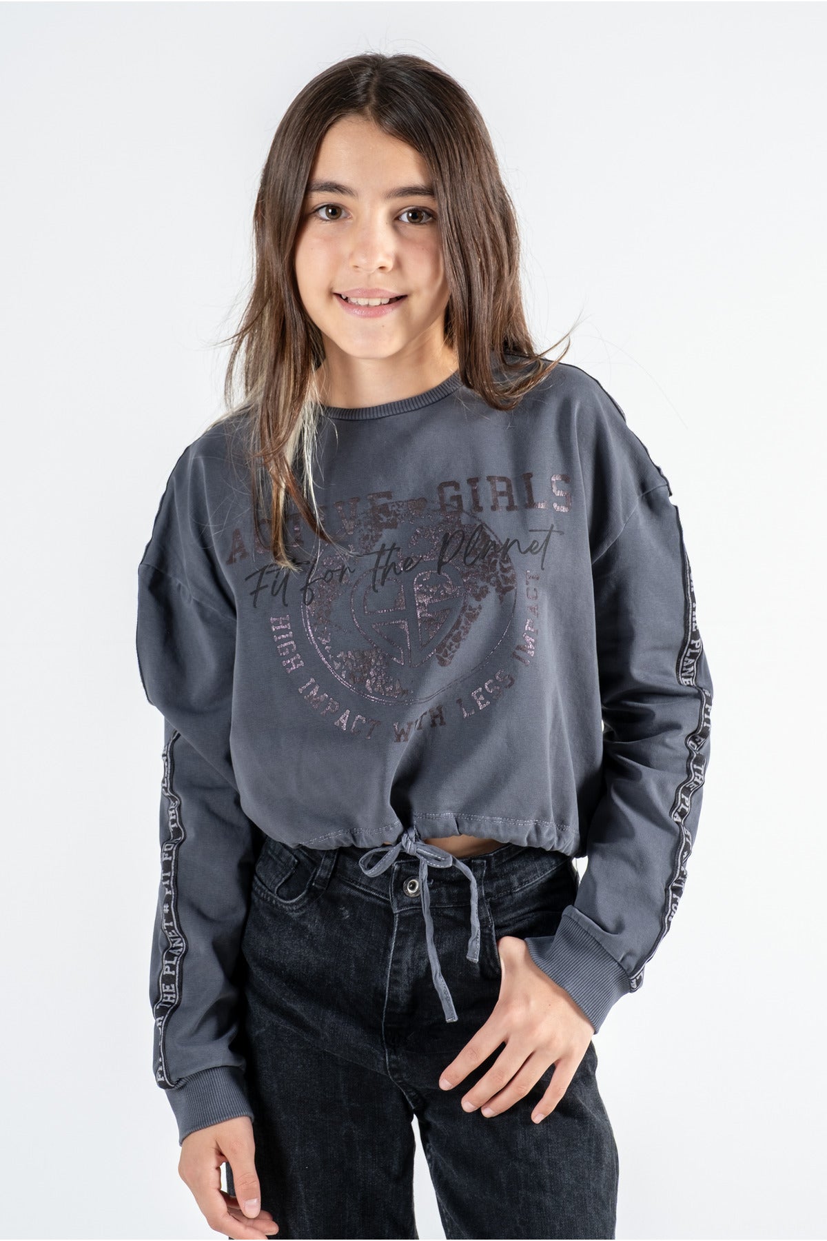 Kız Çocuk Baskılı Beli Büzgülü Uzun Kollu Sweatshirt – 4 Renk Seçeneği