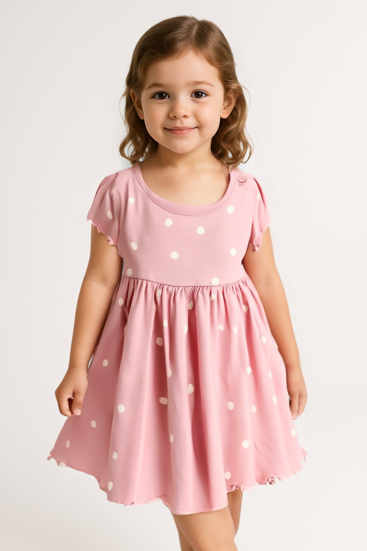 %100 Pamuk Yaka Düğme Kapama Kız Bebek Elbise - Lila - Pembe