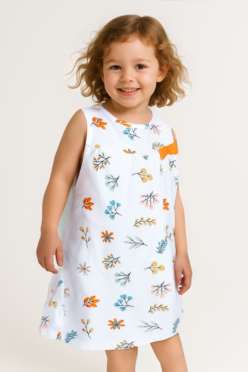 Kız Çocuk Çiçek Desenli Kolsuz Yazlık Elbise - Beyaz, Renkli Çiçek Detaylı, Günlük Ve Rahat Tasarım