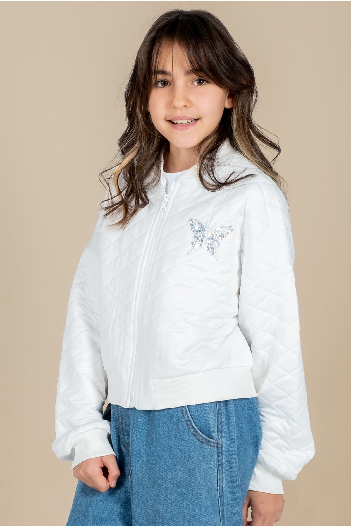 Çocuk Kapitone Ceket - 3 Renk Seçeneği (beyaz, Pembe, Mavi) - Kelebek Detaylı Fermuarlı Ve Düğmeli