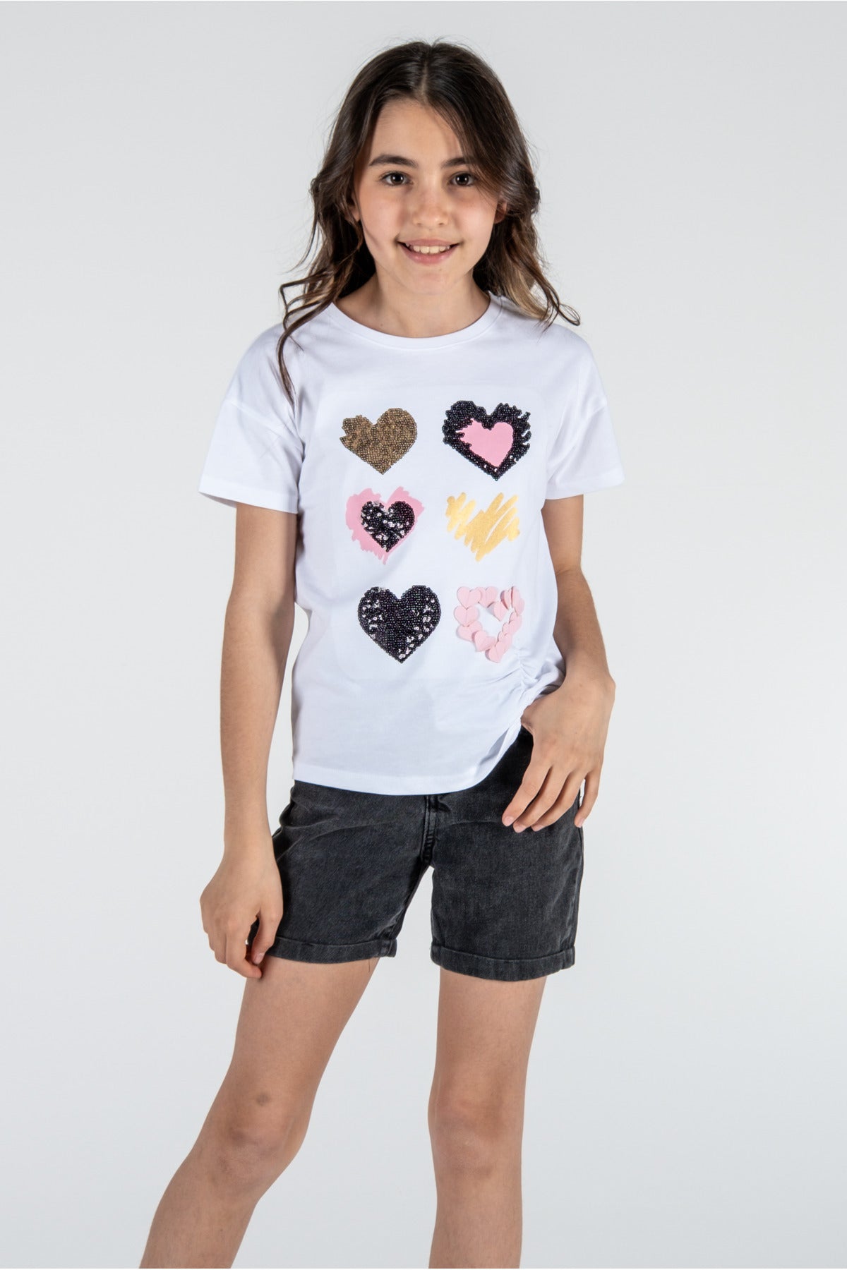 %100 Pamuk Kız Çocuk Beyaz Renkli Kalpli Payetli Kısa Kollu Tişört / Farklı Renk Seçenekleri - Beyaz