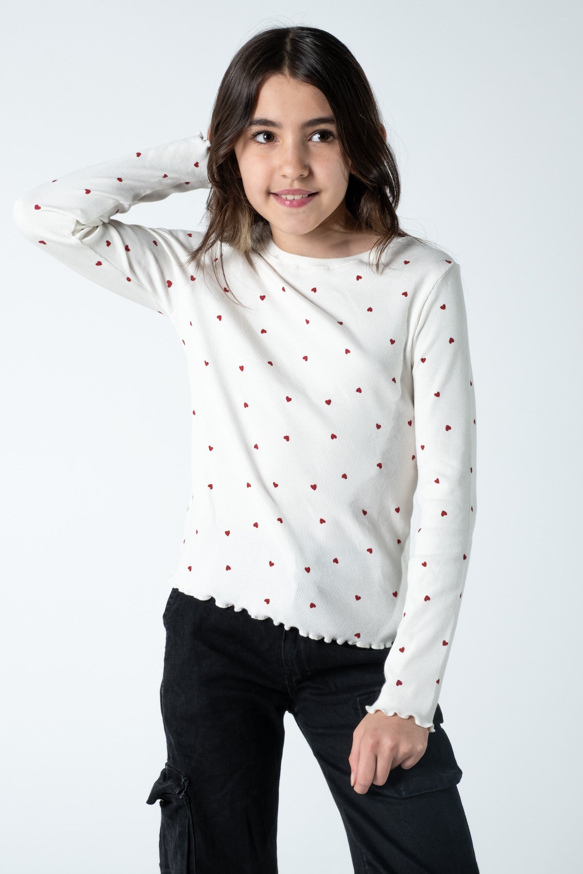 Kız Çocuk Uzun Kollu Fitilli Bluz / Rahat Ve Şık Tasarım / Farklı Renk Seçenekleriyle - Beyaz - Kırmızı Kalp Baskılı