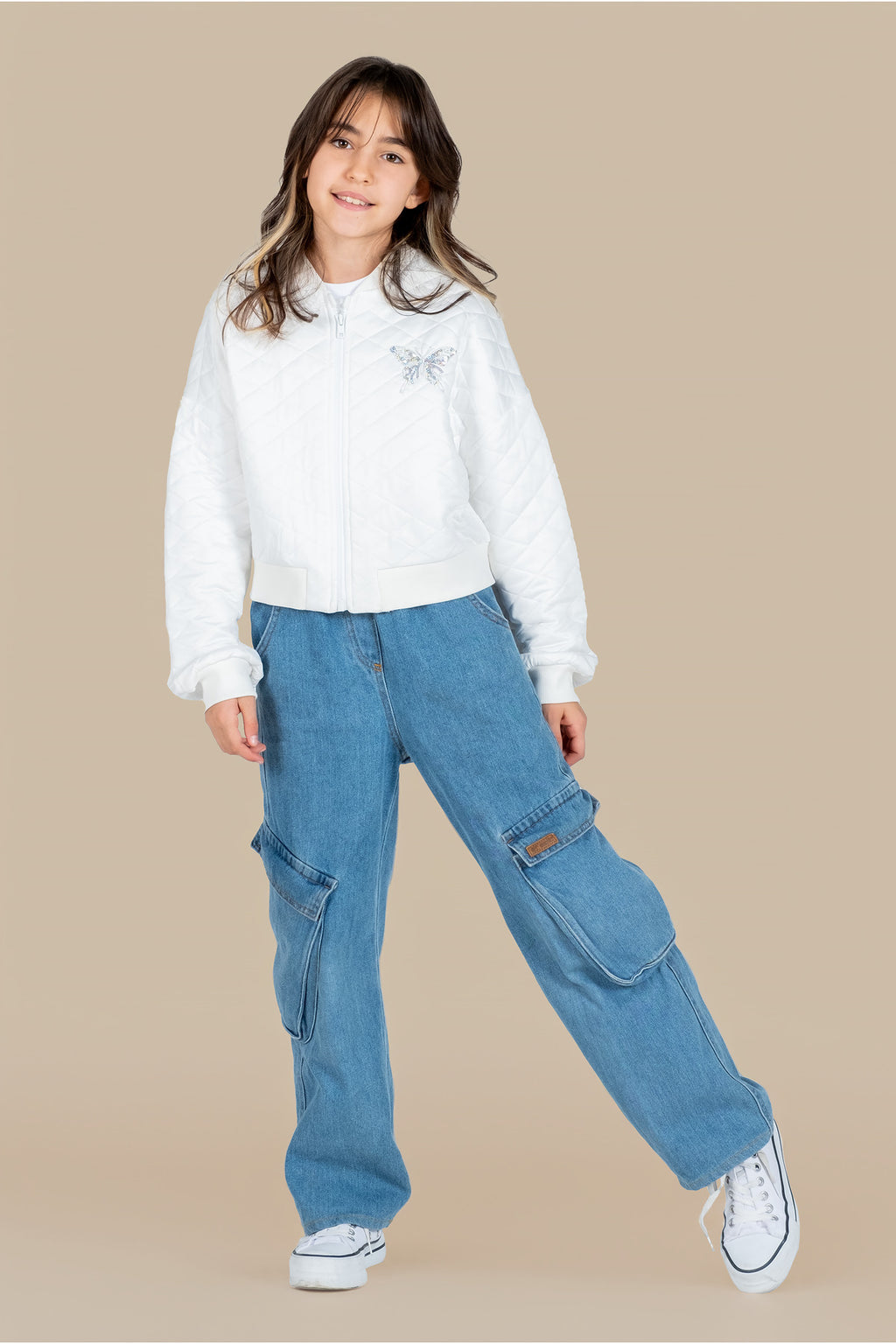 Çocuk Kapitone Ceket - 3 Renk Seçeneği (beyaz, Pembe, Mavi) - Kelebek Detaylı Fermuarlı Ve Düğmeli