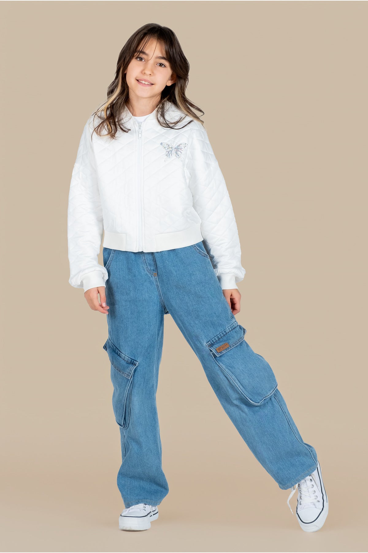 Çocuk Kapitone Ceket - 3 Renk Seçeneği (beyaz, Pembe, Mavi) - Kelebek Detaylı Fermuarlı Ve Düğmeli