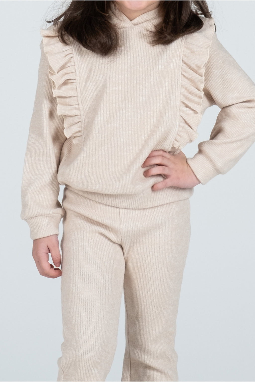 Kız Çocuk Fırfır Detaylı Kapüşonlu Triko Eşofman Takımı - Bej